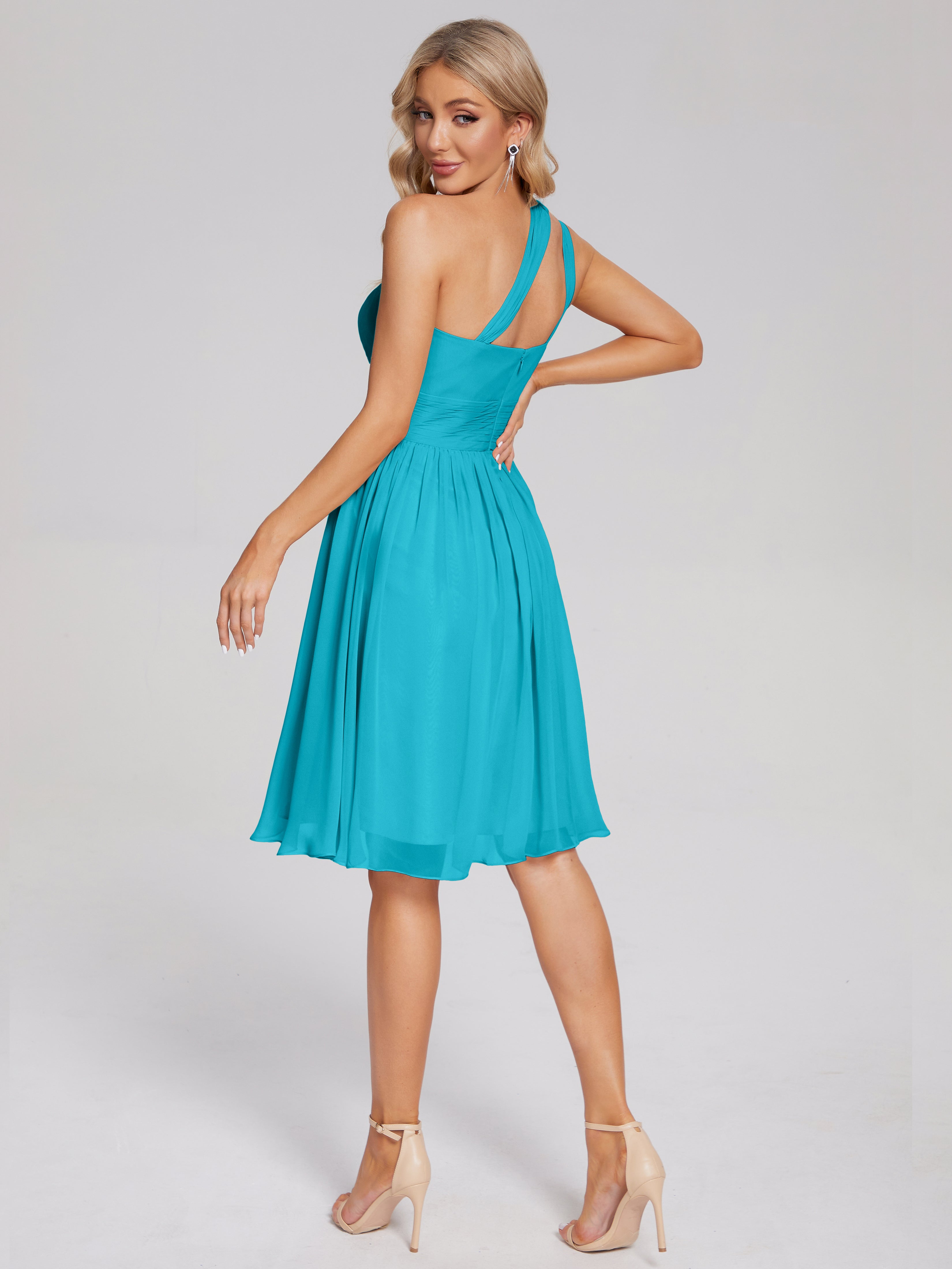 Robes De Demoiselle D'Honneur Vert Jade Longueur Genou Seule-Épaule Mousseline Robes Demoiselle D'Honneur
