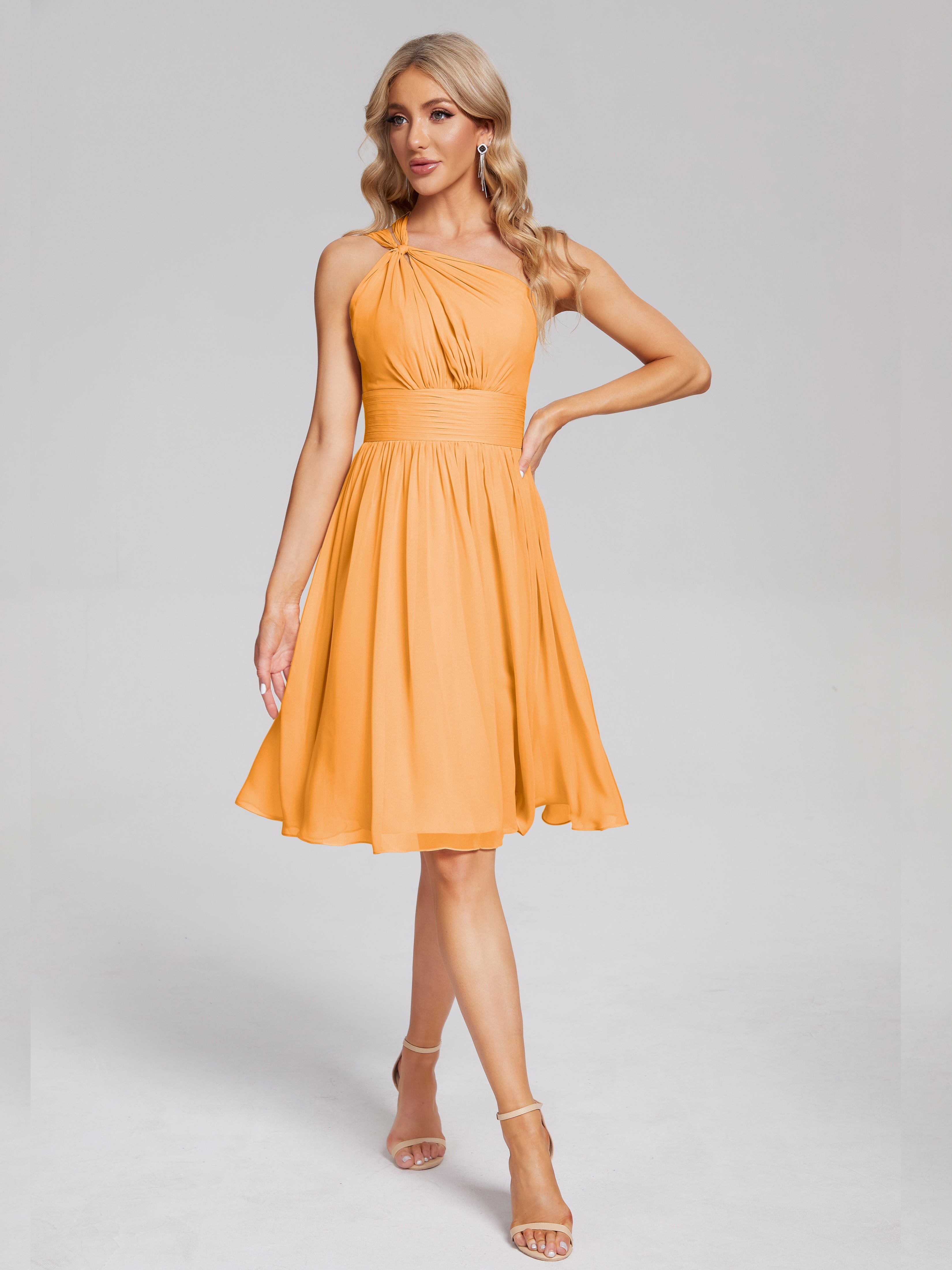 Robes De Demoiselle D'Honneur Mandarine Longueur Genou Seule-Épaule Mousseline Robes Demoiselle D'Honneur