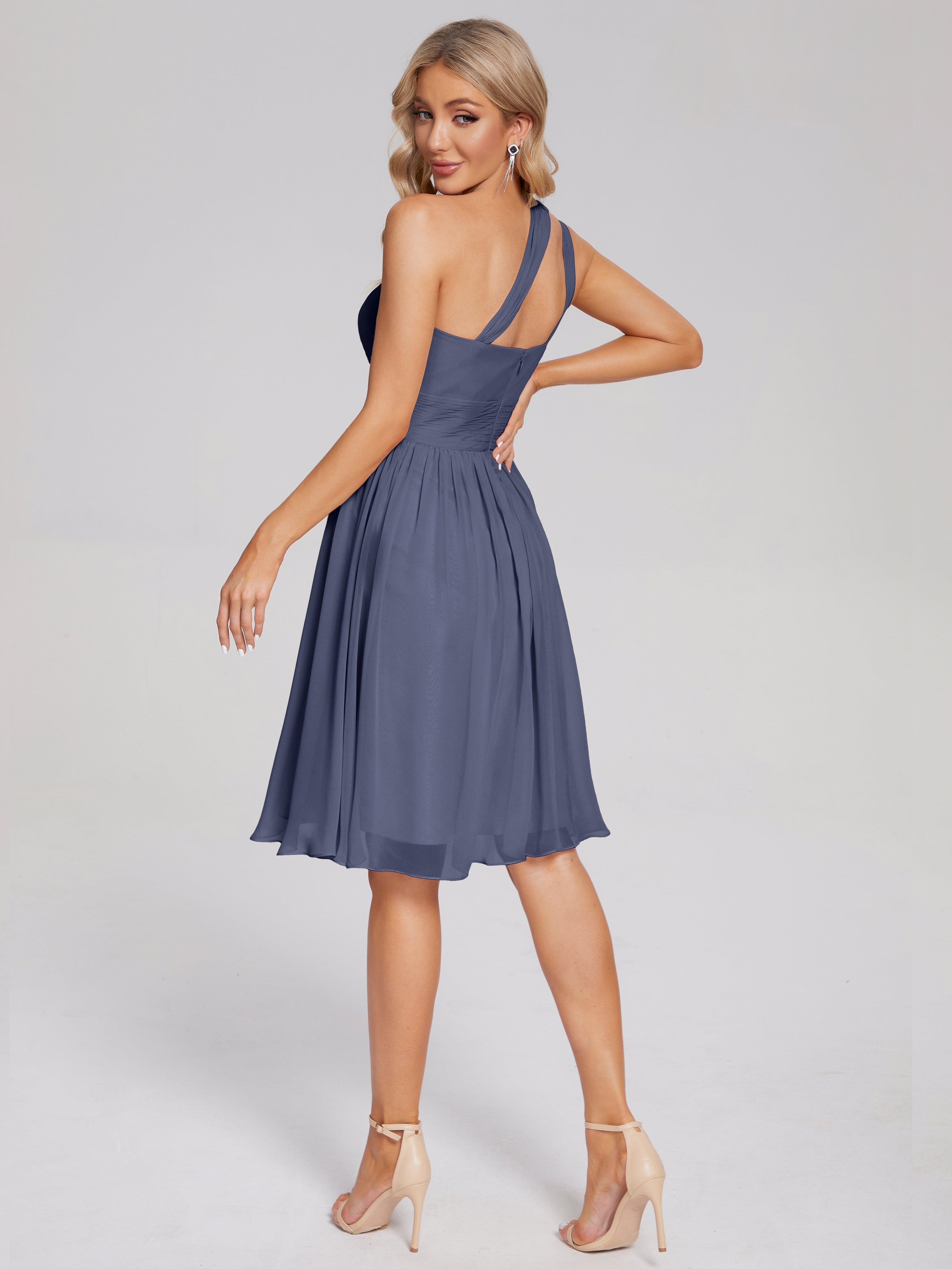 Robes De Demoiselle D'Honneur Bleu Orageux Longueur Genou Seule-Épaule Mousseline Robes Demoiselle D'Honneur