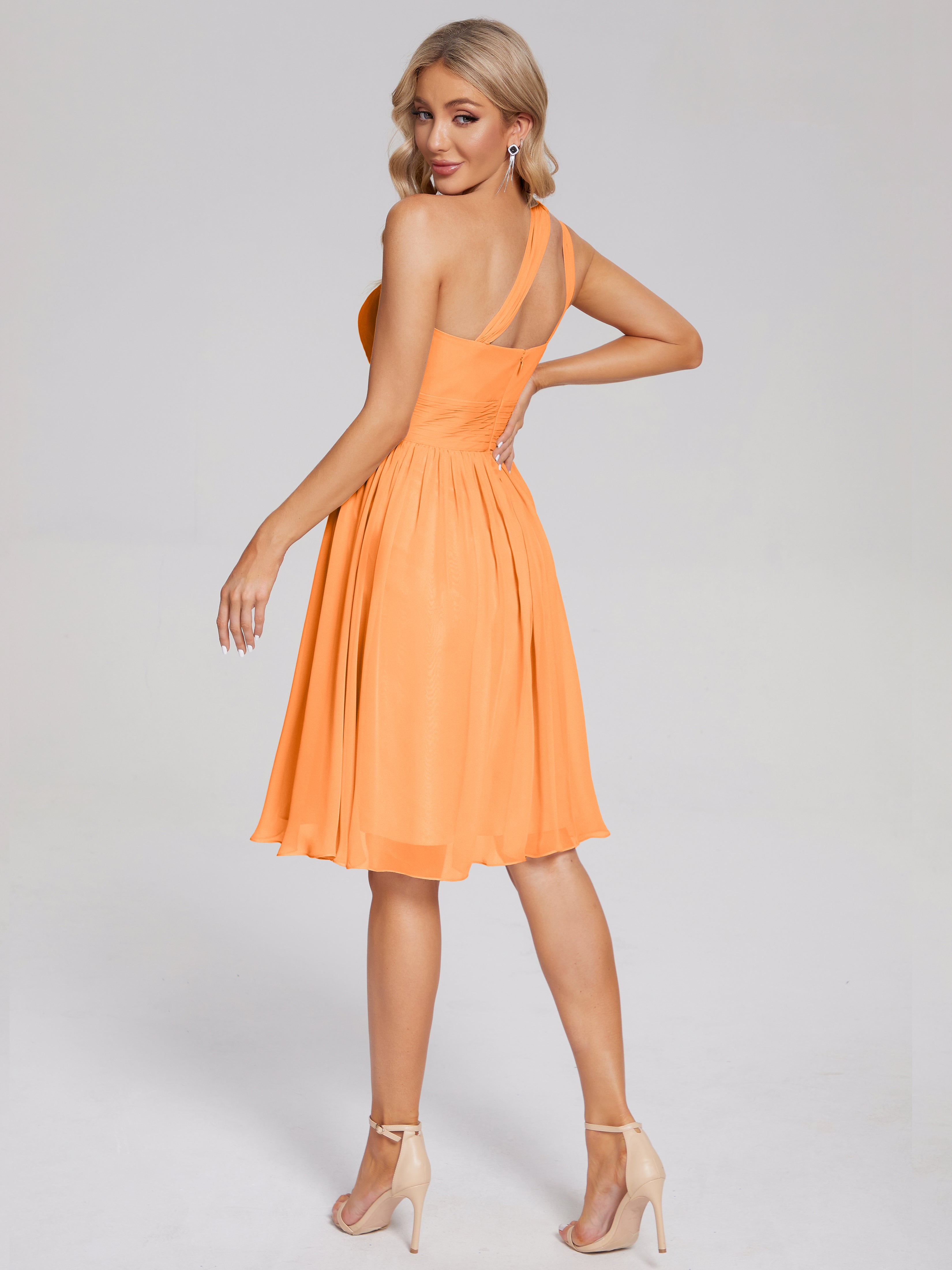 Robe Mousseline Orange Longueur Genou Seule-Épaule Mousseline Robes Demoiselle D'Honneur