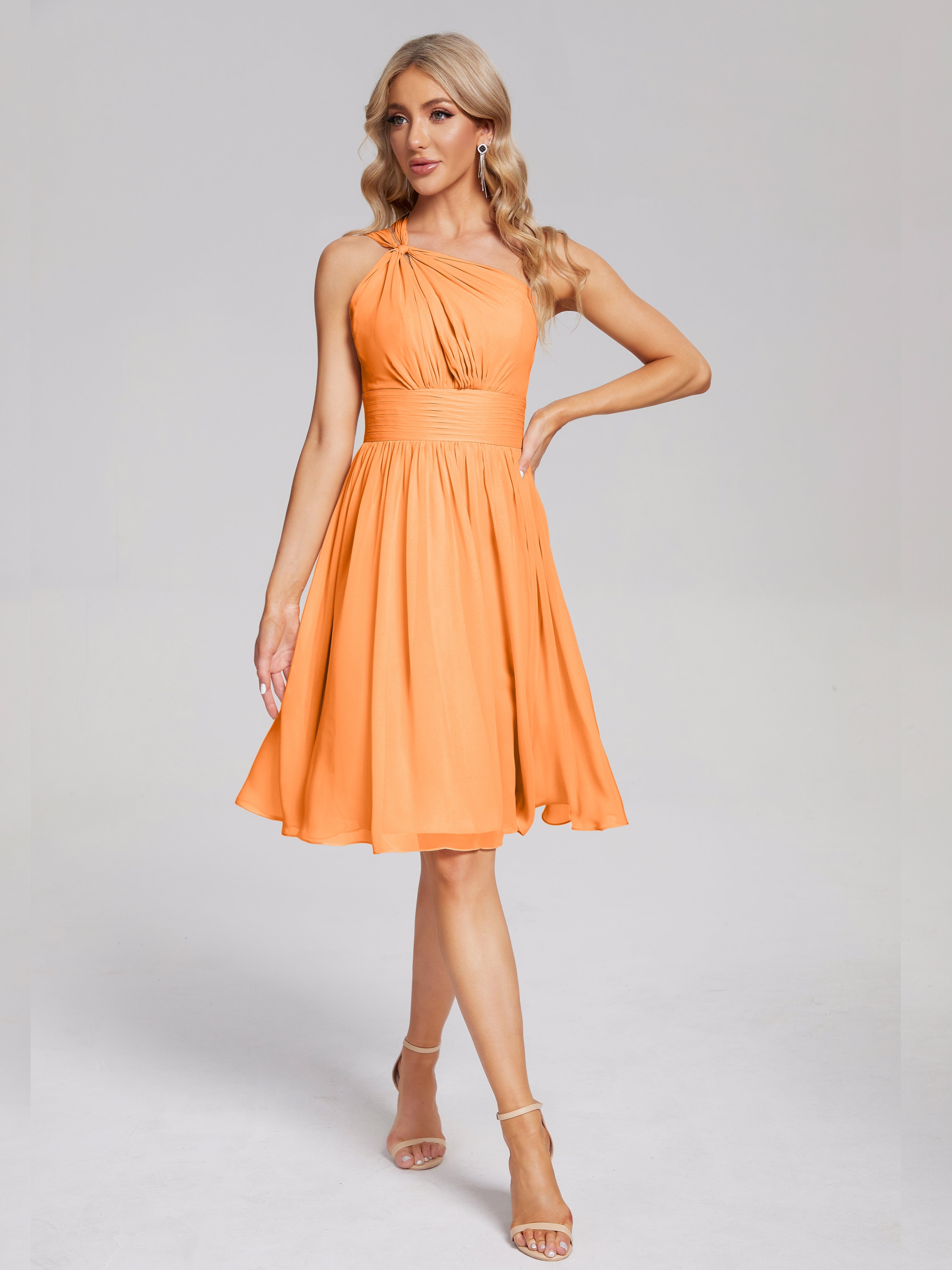 Robe Mousseline Orange Longueur Genou Seule-Épaule Mousseline Robes Demoiselle D'Honneur