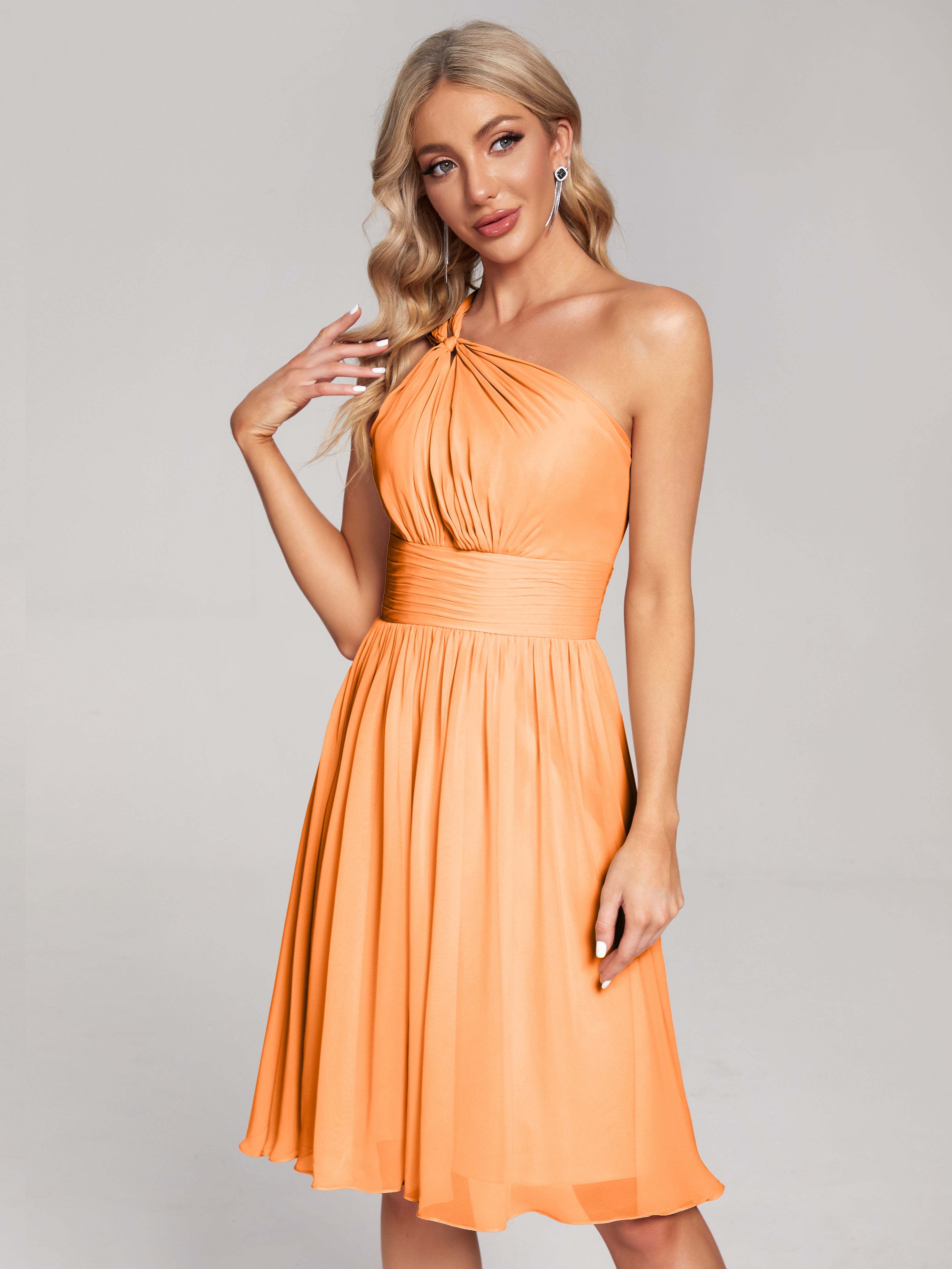 Robe Mousseline Orange Longueur Genou Seule-Épaule Mousseline Robes Demoiselle D'Honneur