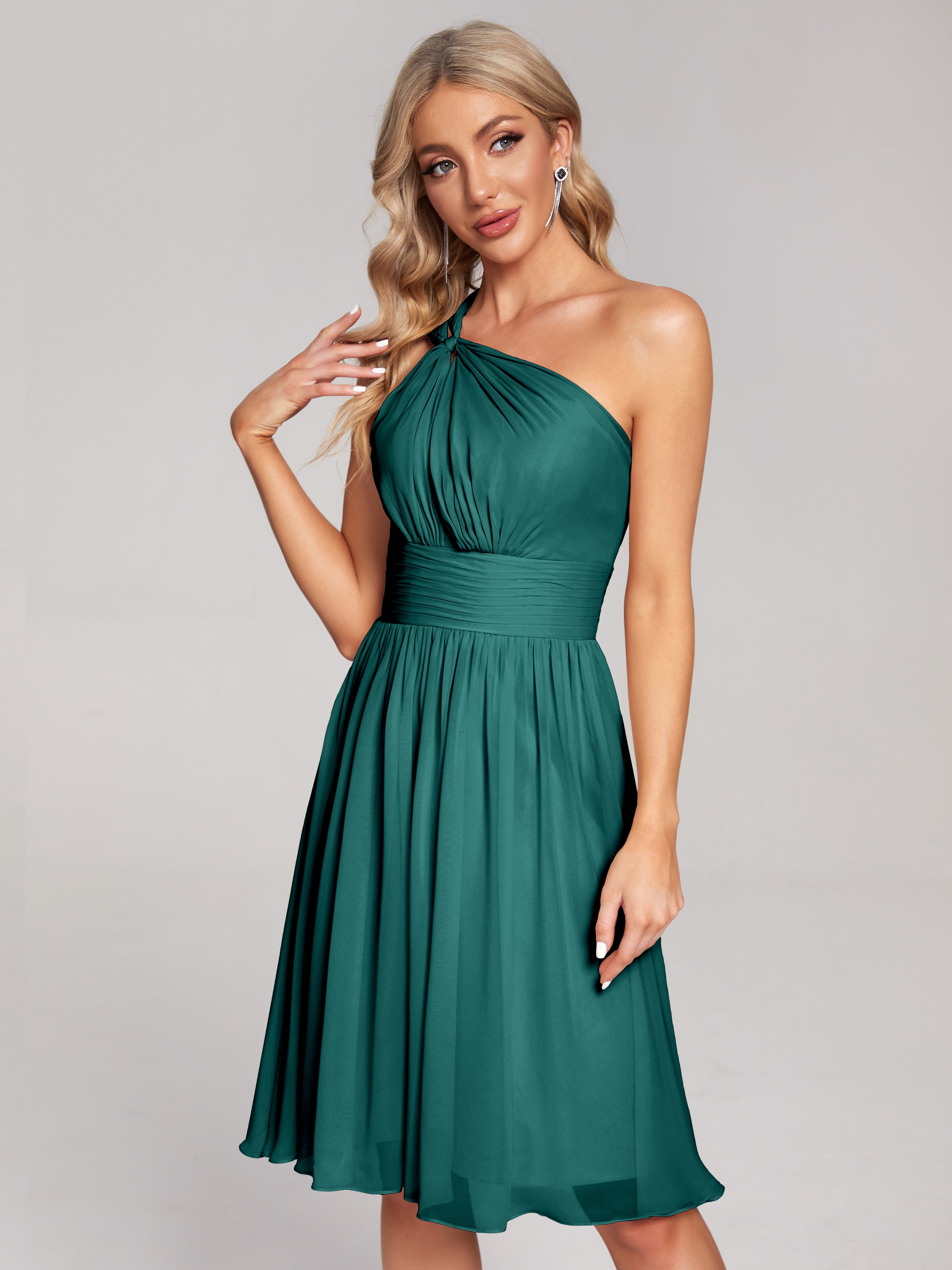 Demoiselles D'Honneur De Paon Longueur Genou Seule-Épaule Mousseline Robes Demoiselle D'Honneur