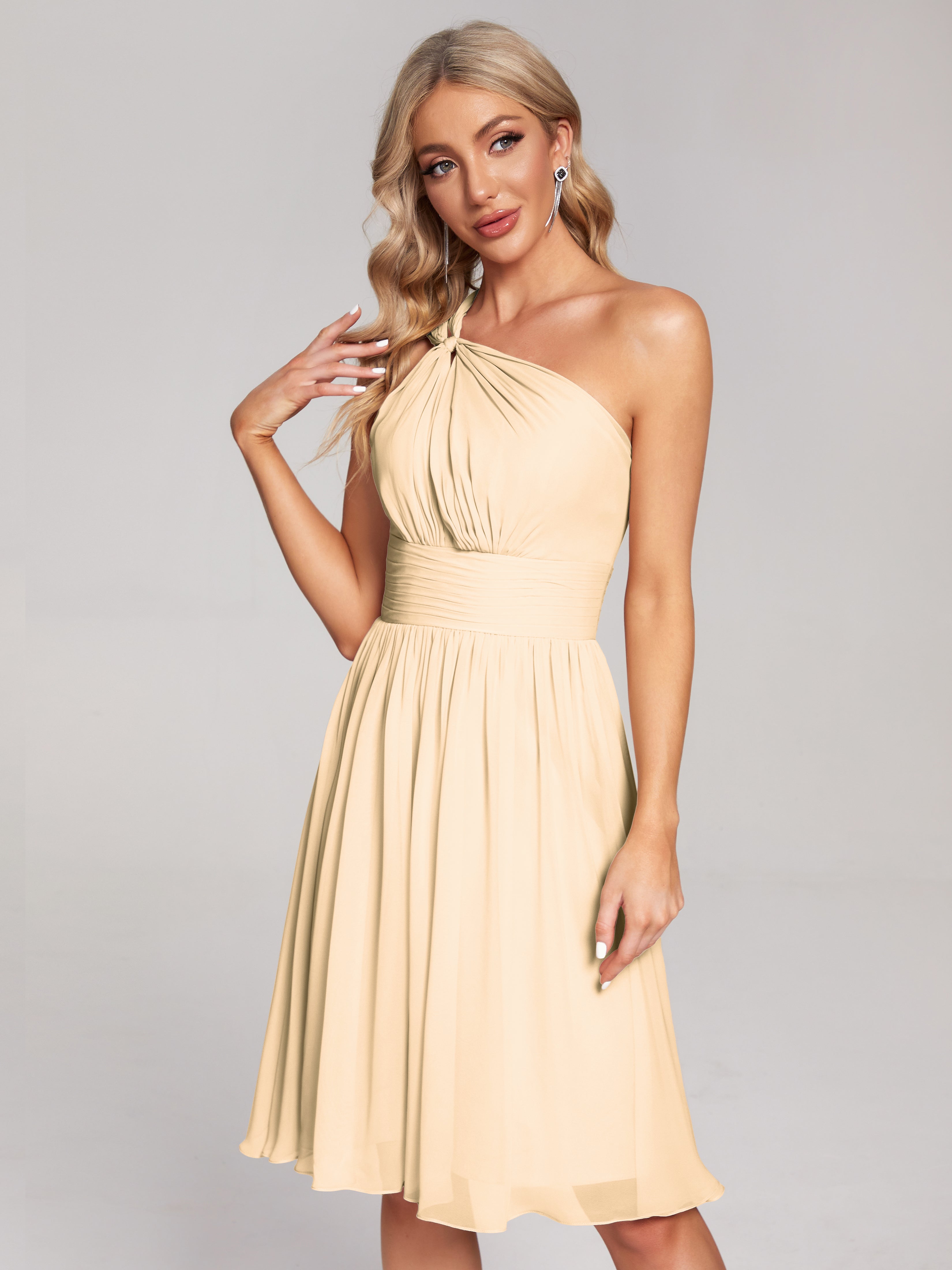 Robe Demoiselle D Honneur Rose Peche Longueur Genou Seule-Épaule Mousseline Robes Demoiselle D'Honneur