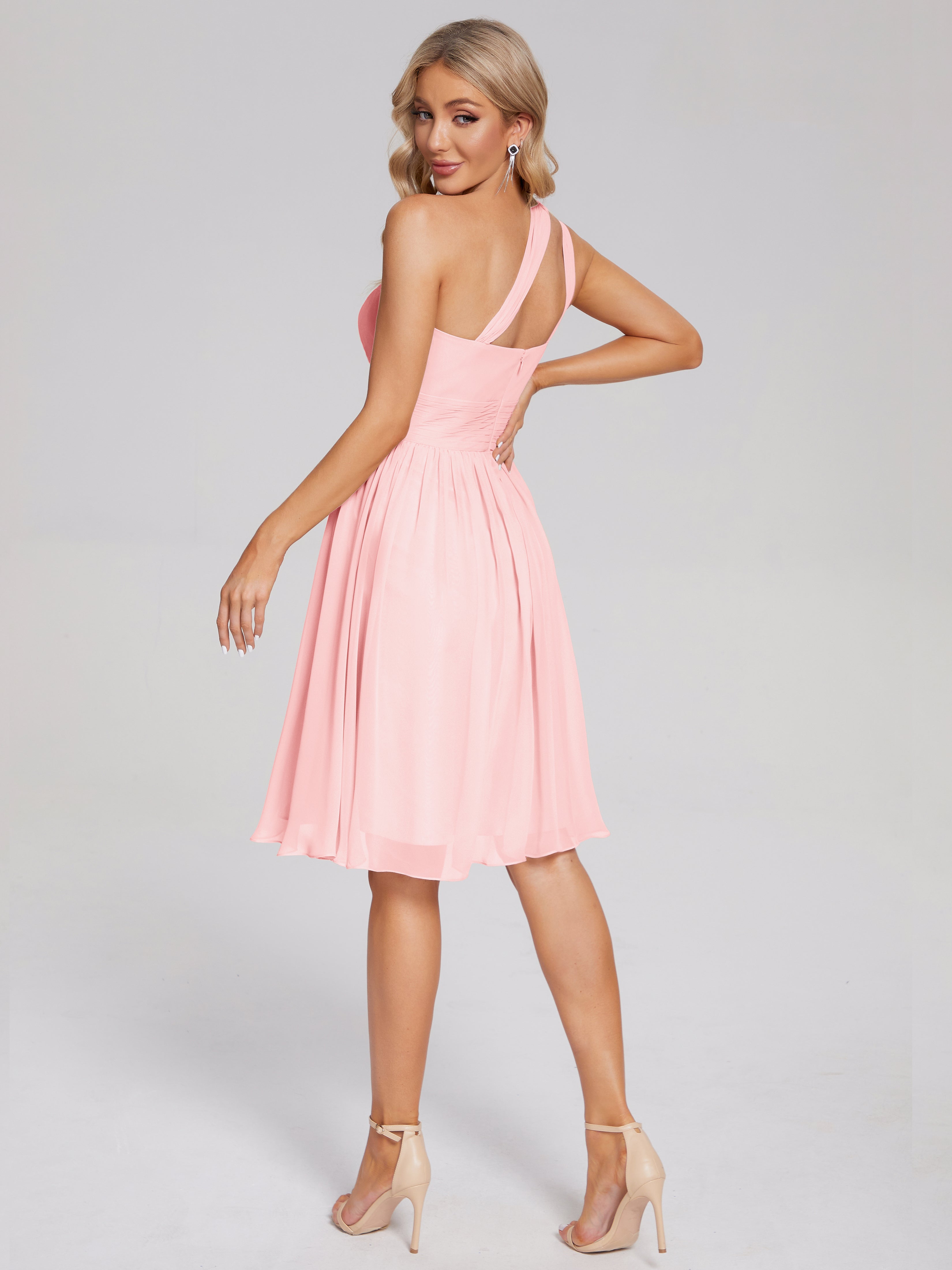 Robe Demoiselle D Honneur Rose Longueur Genou Seule-Épaule Mousseline Robes Demoiselle D'Honneur
