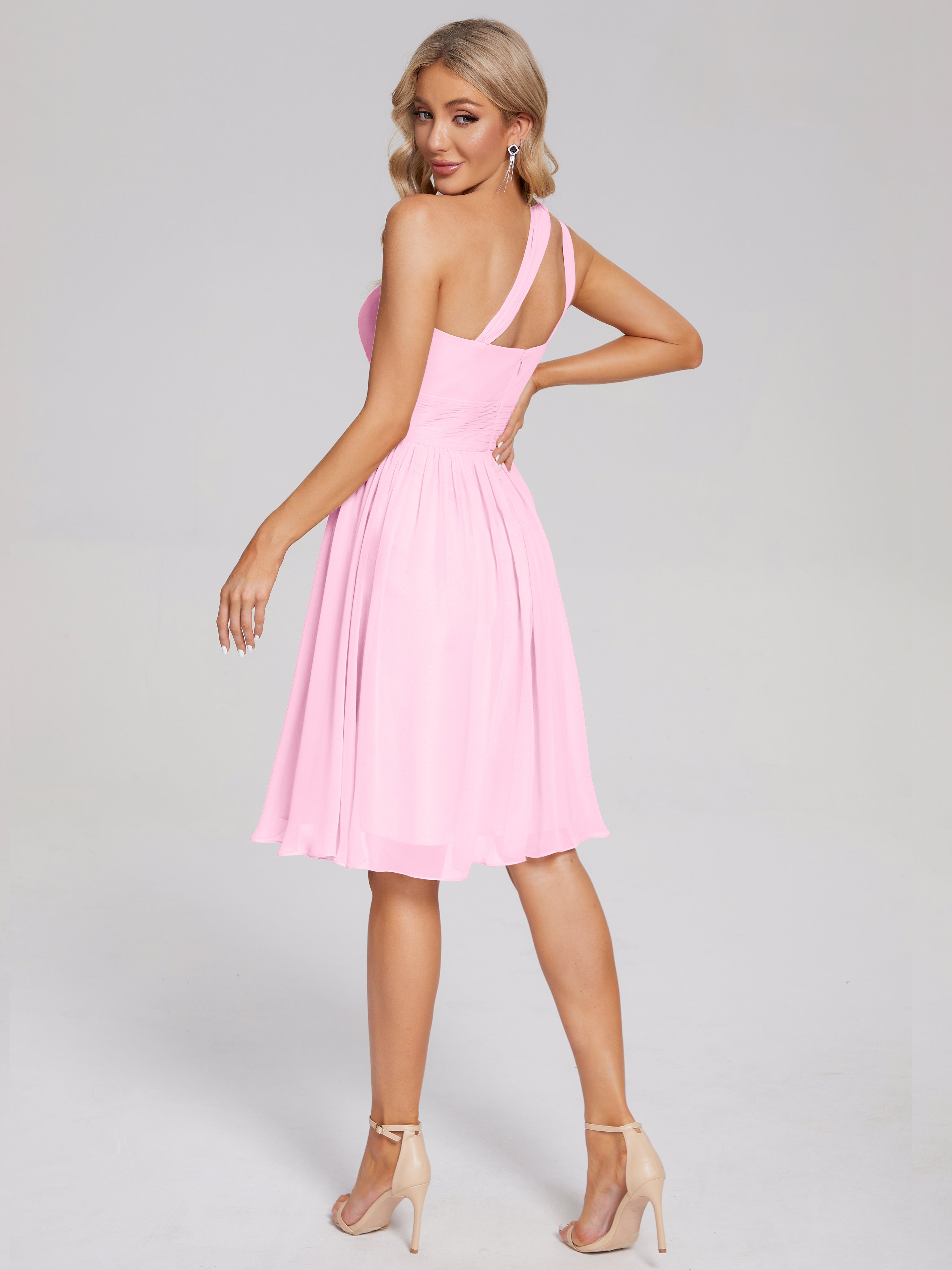 Robes De Demoiselle D'Honneur Rose Bonbon Longueur Genou Seule-Épaule Mousseline Robes Demoiselle D'Honneur