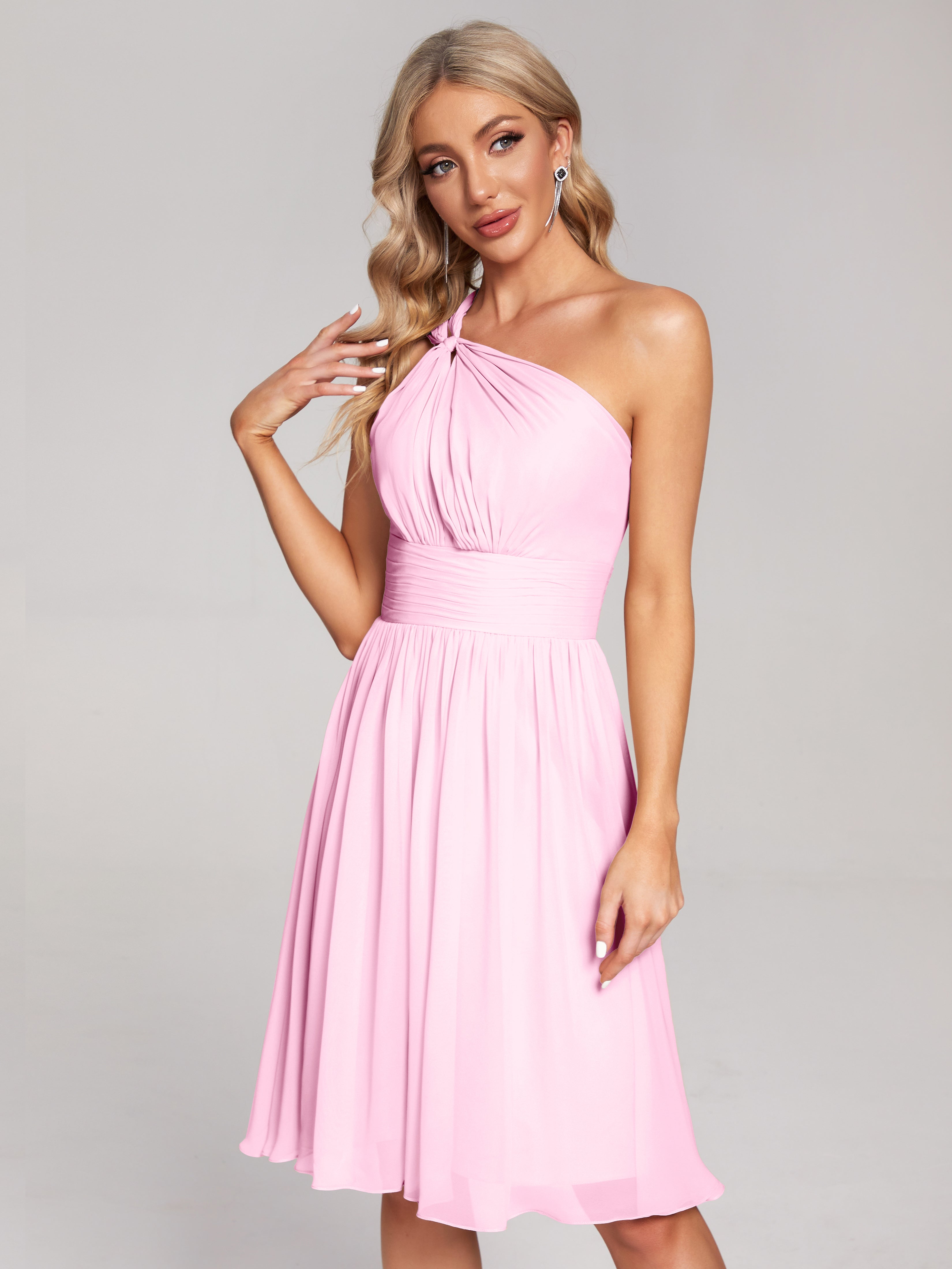 Robes De Demoiselle D'Honneur Rose Bonbon Longueur Genou Seule-Épaule Mousseline Robes Demoiselle D'Honneur