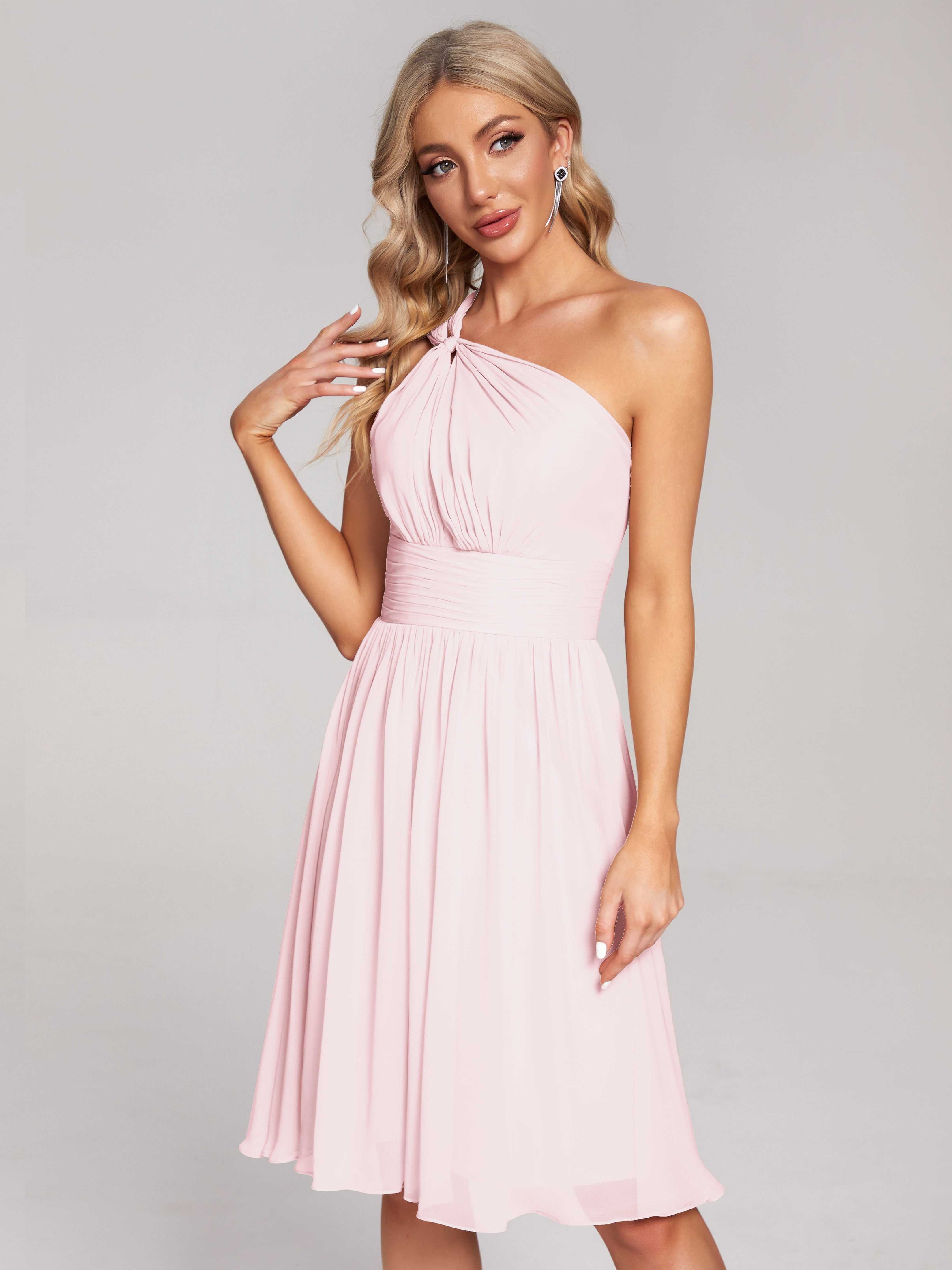 Robe Demoiselles D Honneur Rose Pale Longueur Genou Seule-Épaule Mousseline Robes Demoiselle D'Honneur