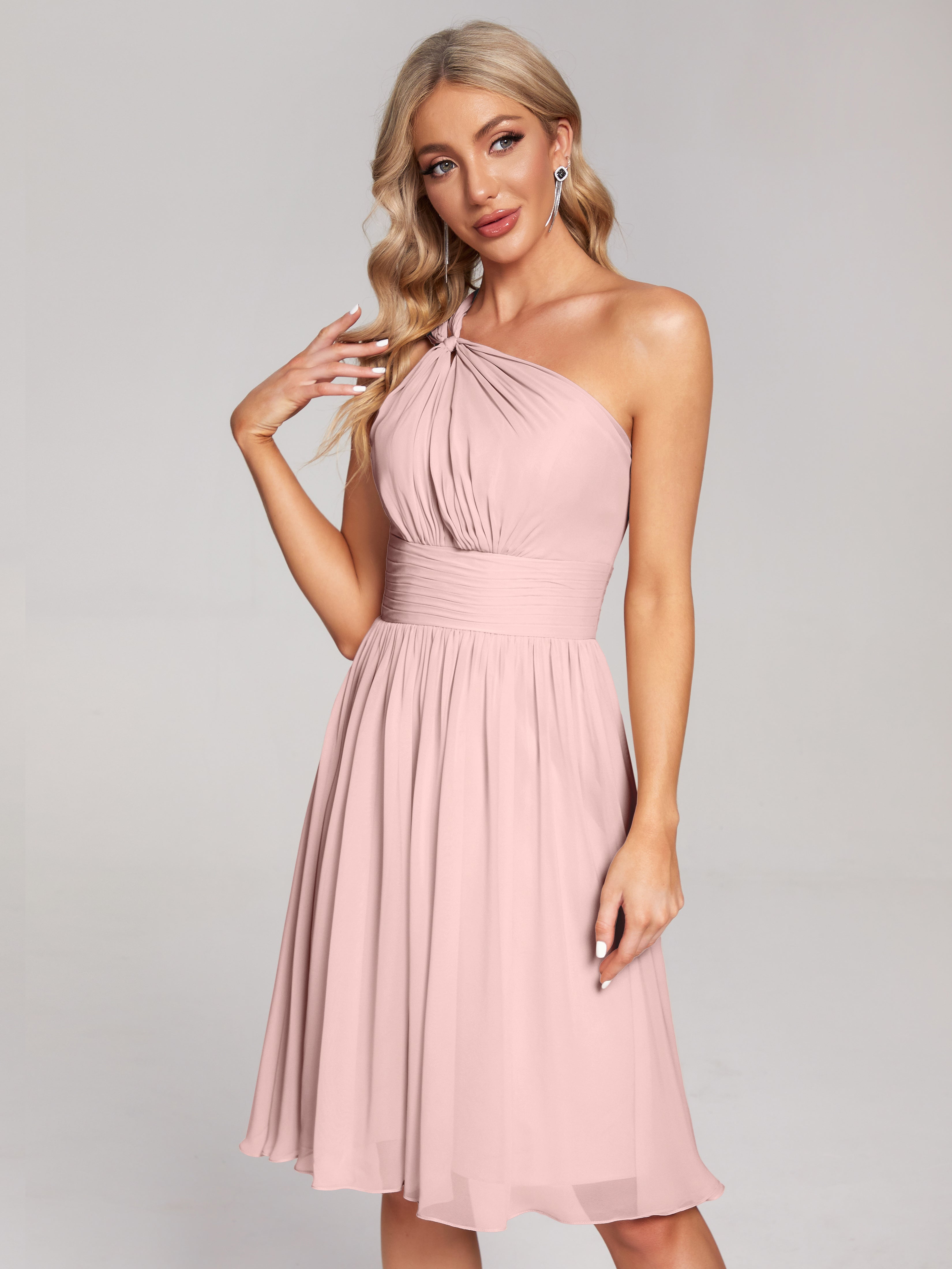 Robe Courte Rose Poudré Mariage Longueur Genou Seule-Épaule Mousseline Robes Demoiselle D'Honneur
