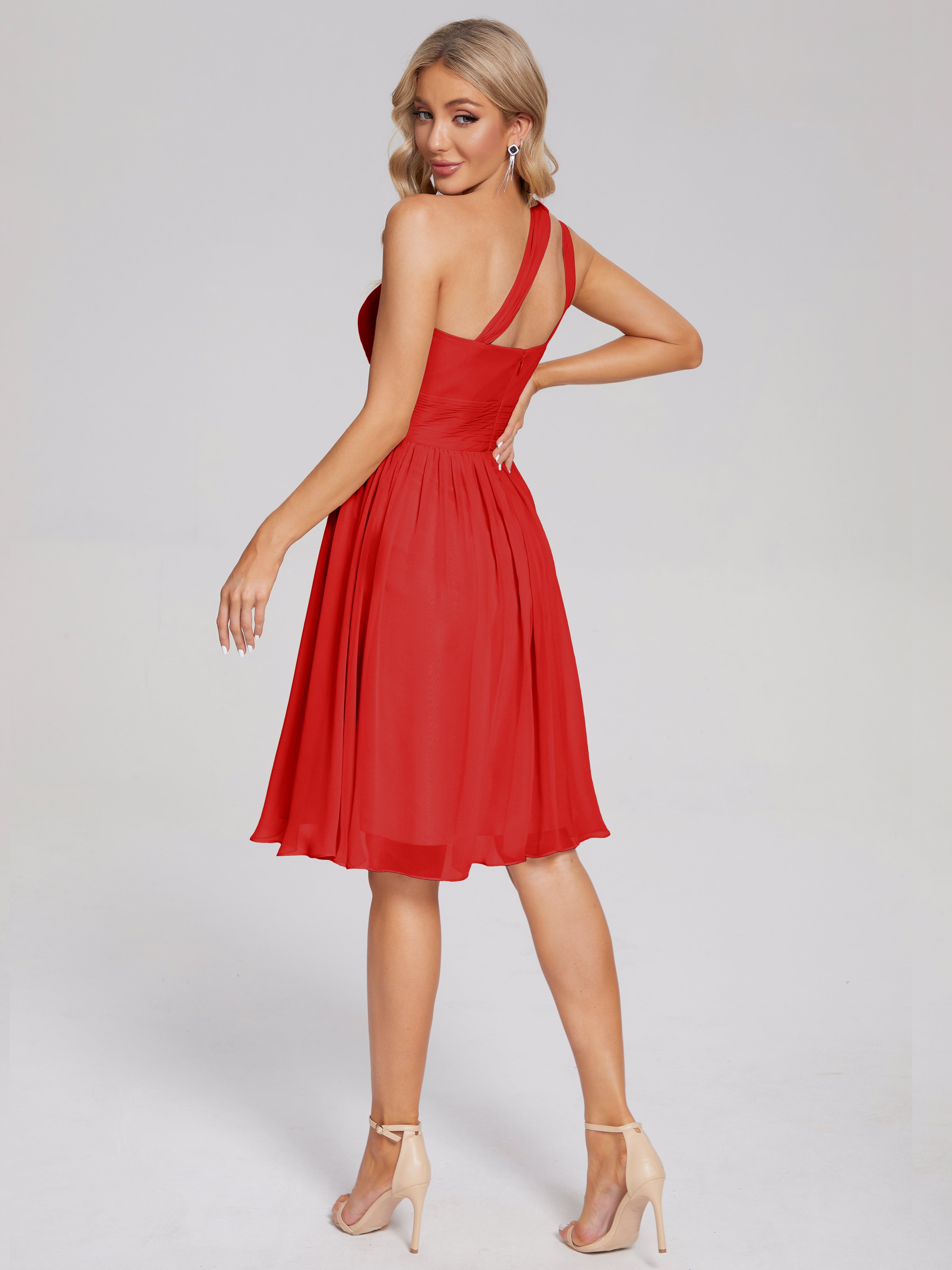 Robe Demoiselle D Honneur Rouge Courte Longueur Genou Seule-Épaule Mousseline Robes Demoiselle D'Honneur