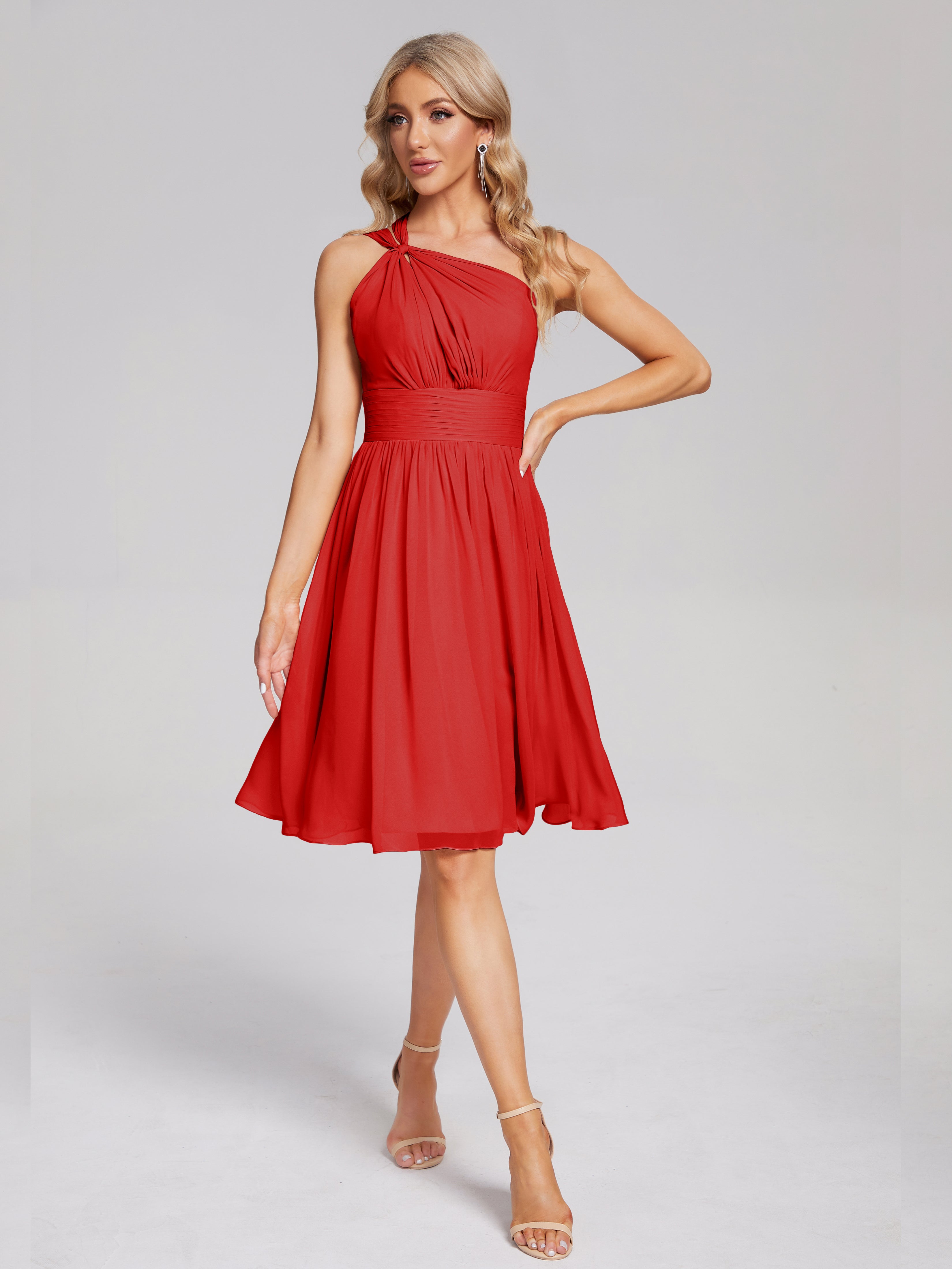 Robe Demoiselle D Honneur Rouge Courte Longueur Genou Seule-Épaule Mousseline Robes Demoiselle D'Honneur
