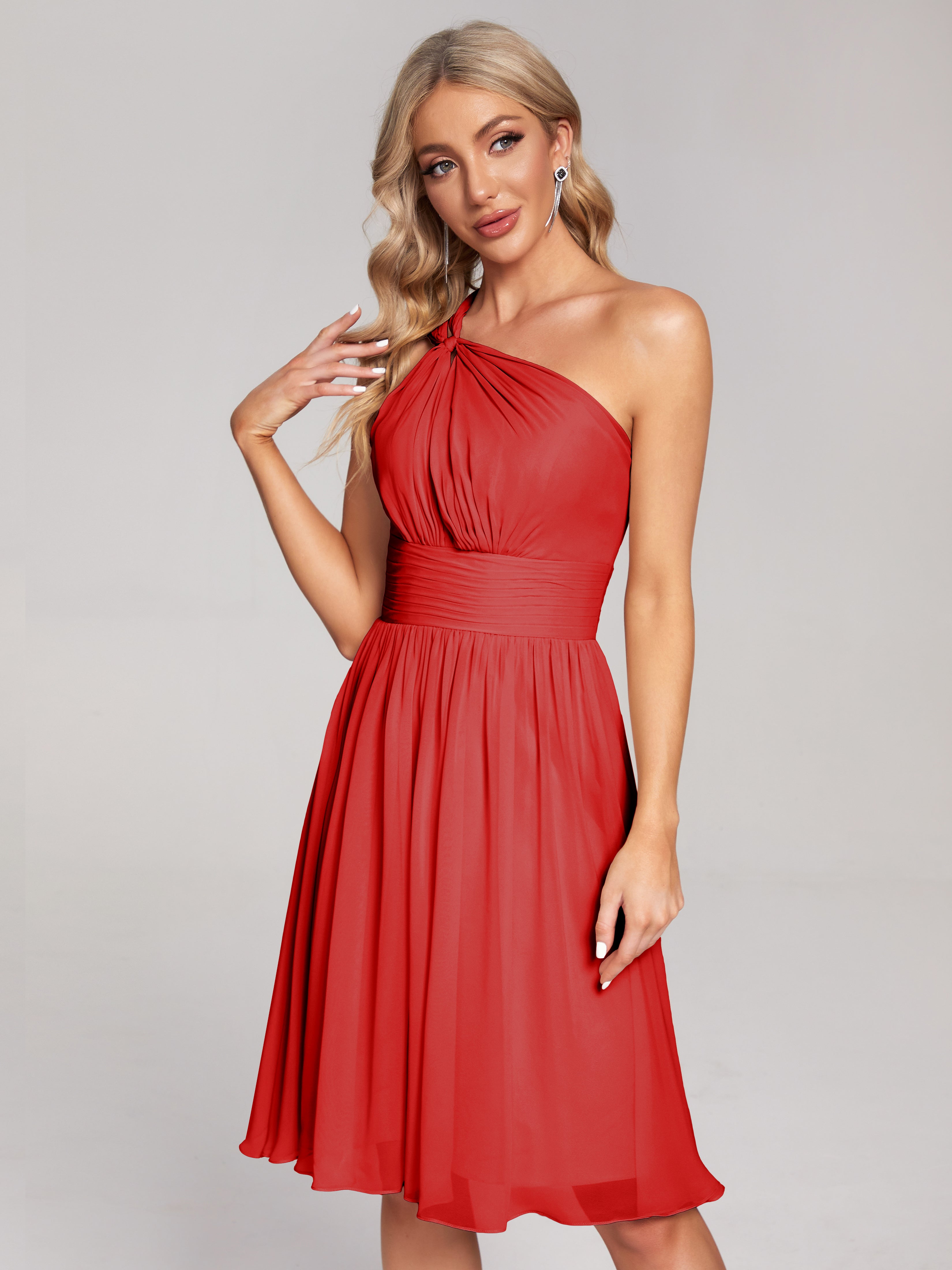 Robe Demoiselle D Honneur Rouge Courte Longueur Genou Seule-Épaule Mousseline Robes Demoiselle D'Honneur