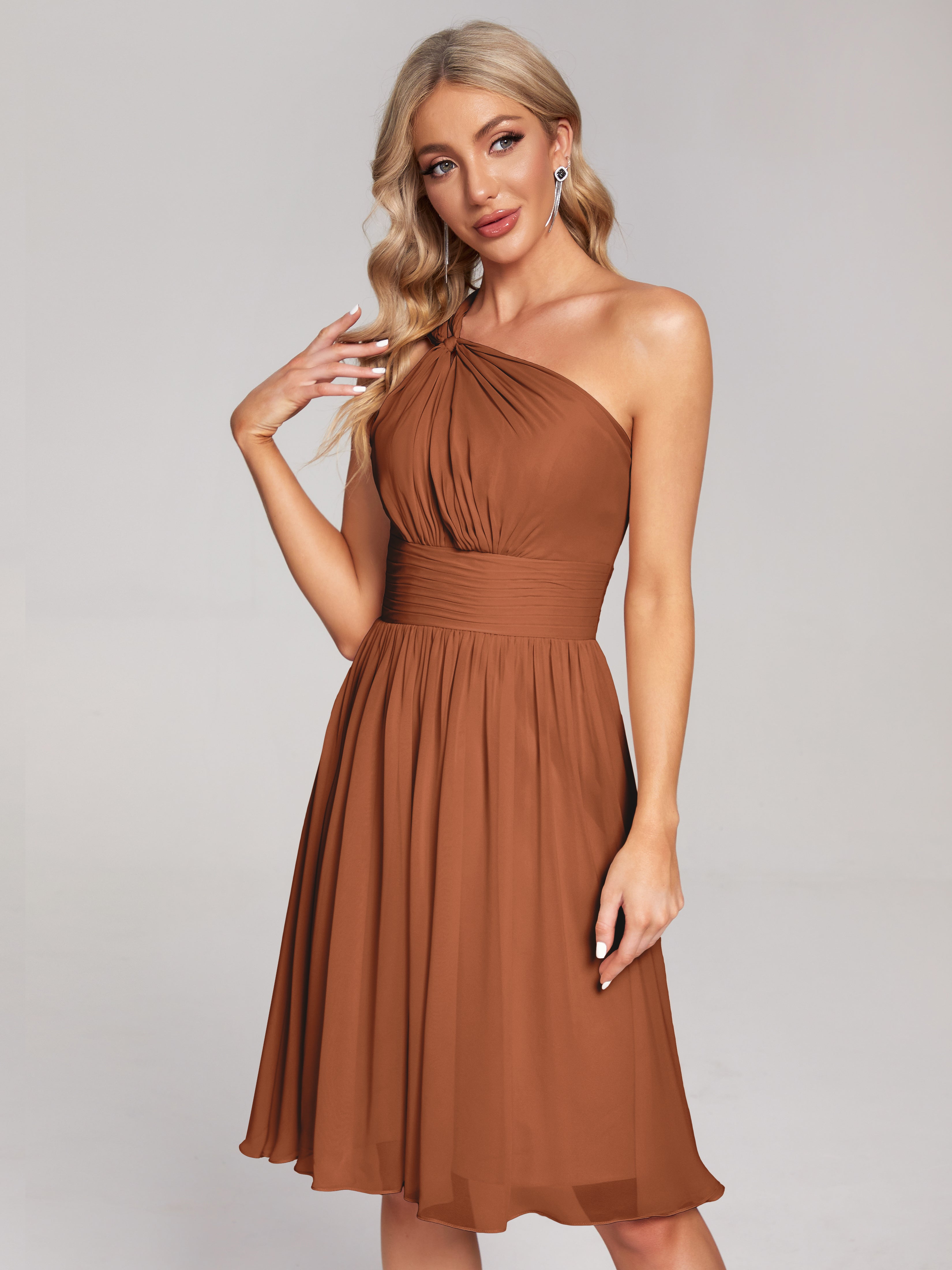 Demoiselle Robe Terracotta Mariage Longueur Genou Seule-Épaule Mousseline Robes Demoiselle D'Honneur