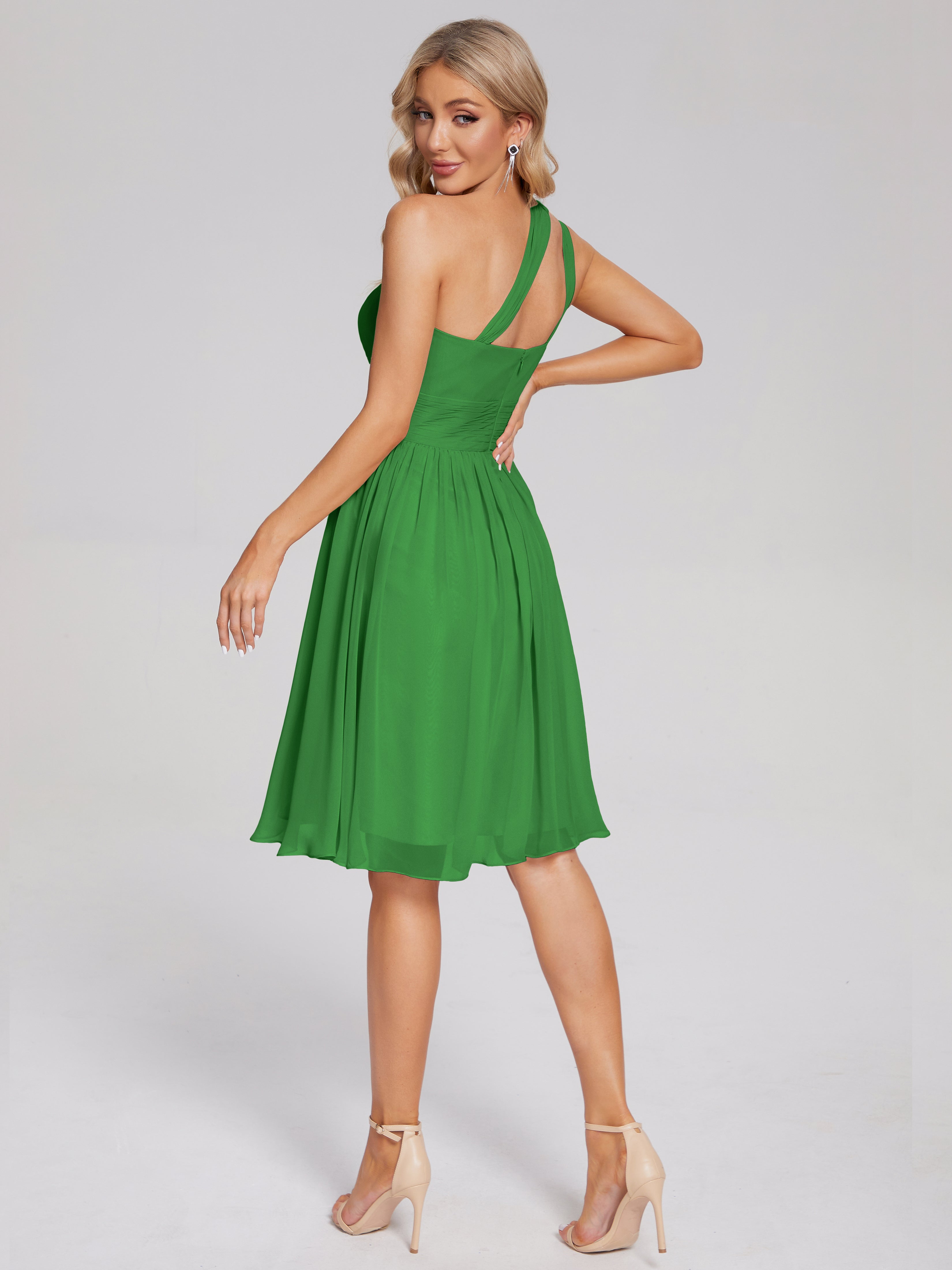 Robe Vert Demoiselle D Honneur Longueur Genou Seule-Épaule Mousseline Robes Demoiselle D'Honneur