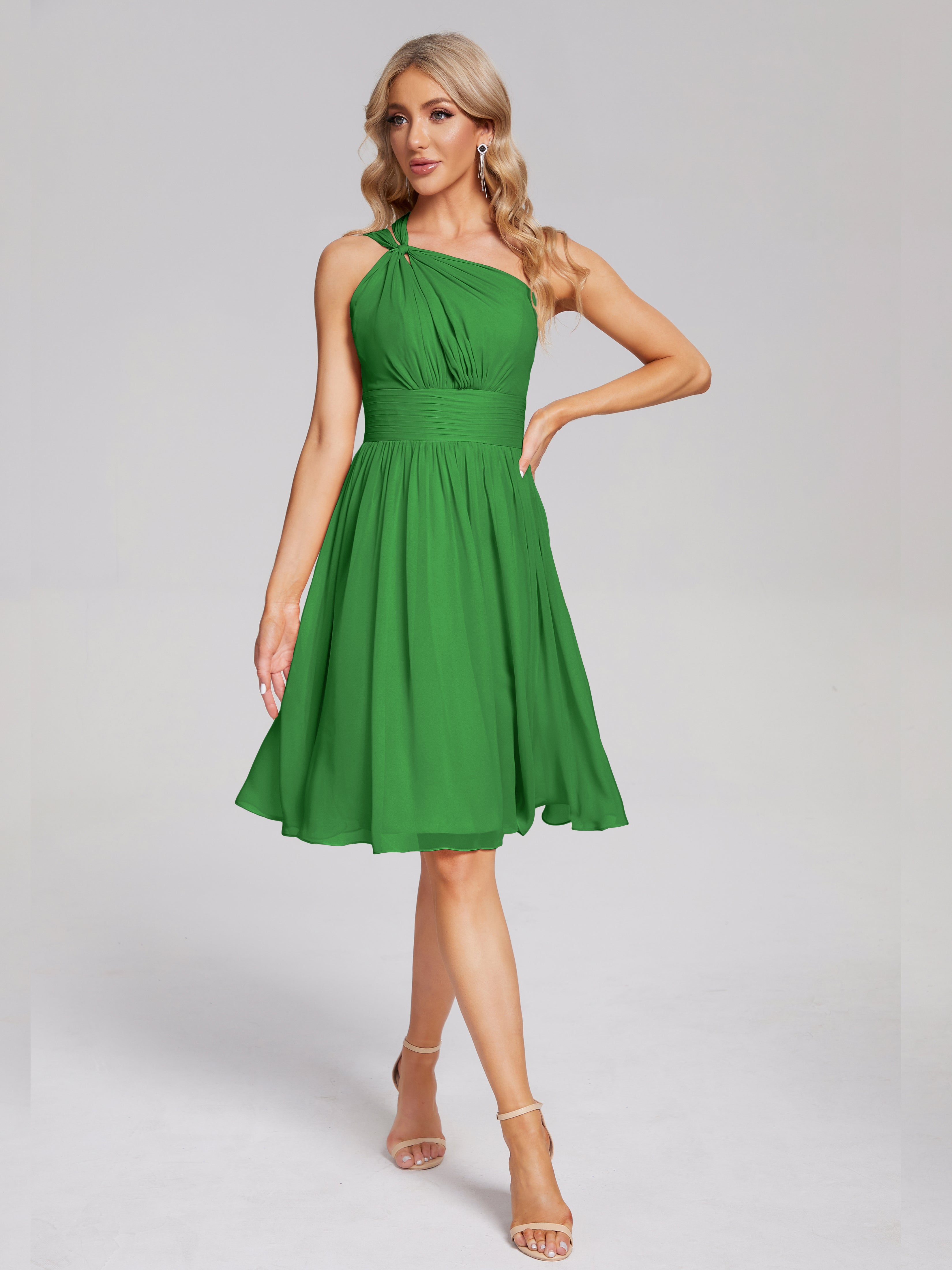 Robe Vert Demoiselle D Honneur Longueur Genou Seule-Épaule Mousseline Robes Demoiselle D'Honneur