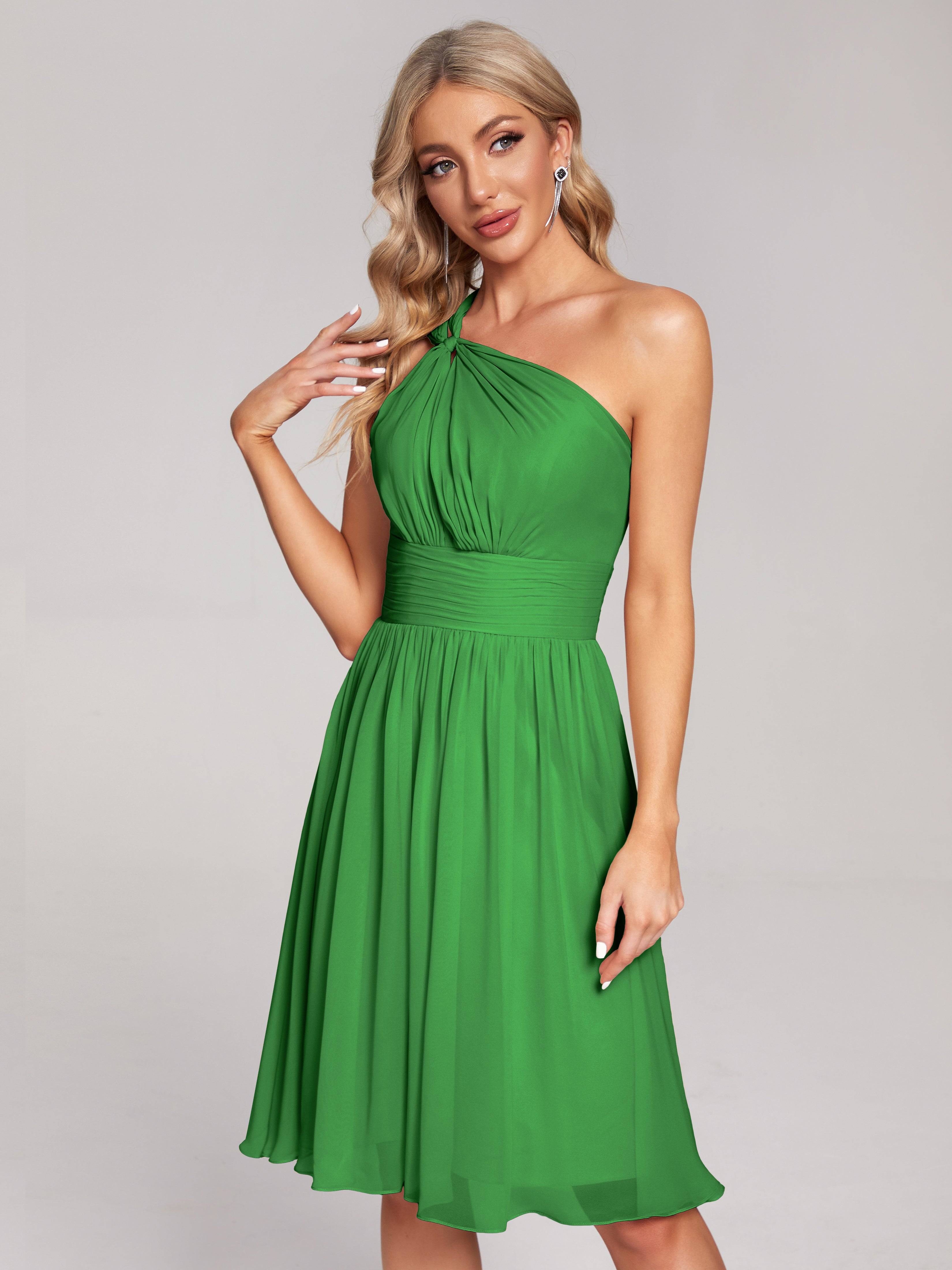 Robe Vert Demoiselle D Honneur Longueur Genou Seule-Épaule Mousseline Robes Demoiselle D'Honneur