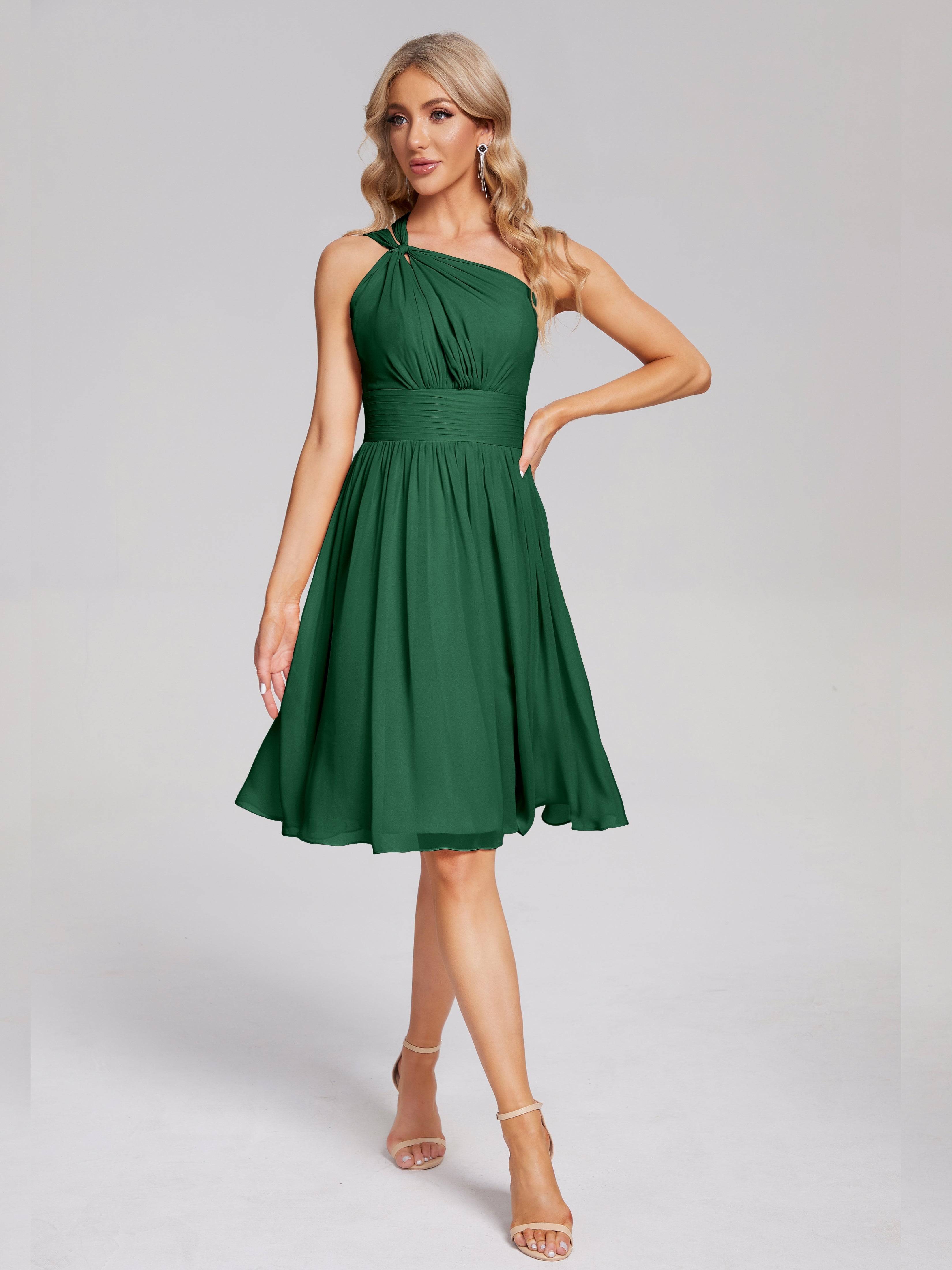 Robes De Demoiselle D'Honneur Vert Foncé Longueur Genou Seule-Épaule Mousseline Robes Demoiselle D'Honneur