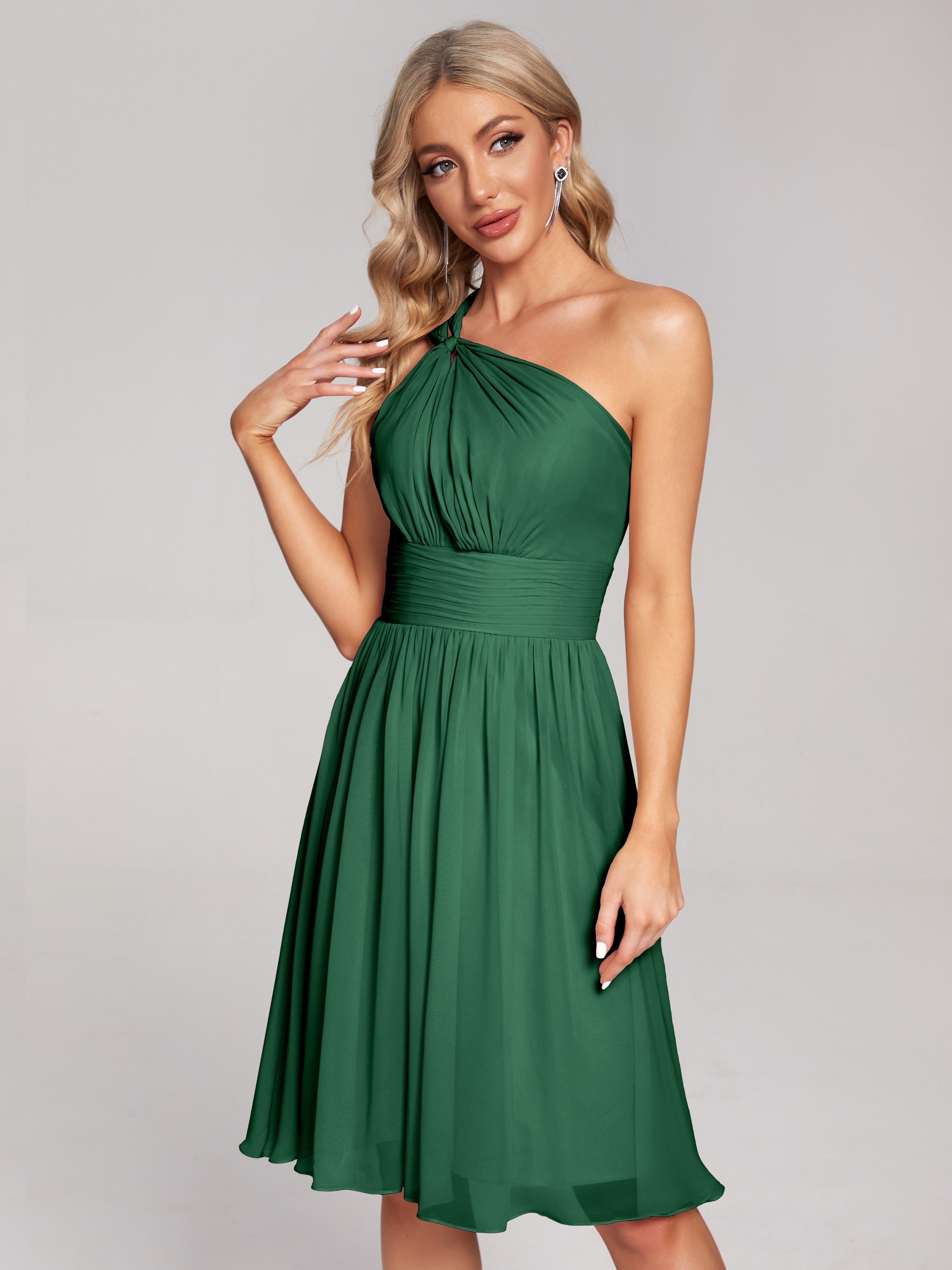Robes De Demoiselle D'Honneur Vert Foncé Longueur Genou Seule-Épaule Mousseline Robes Demoiselle D'Honneur
