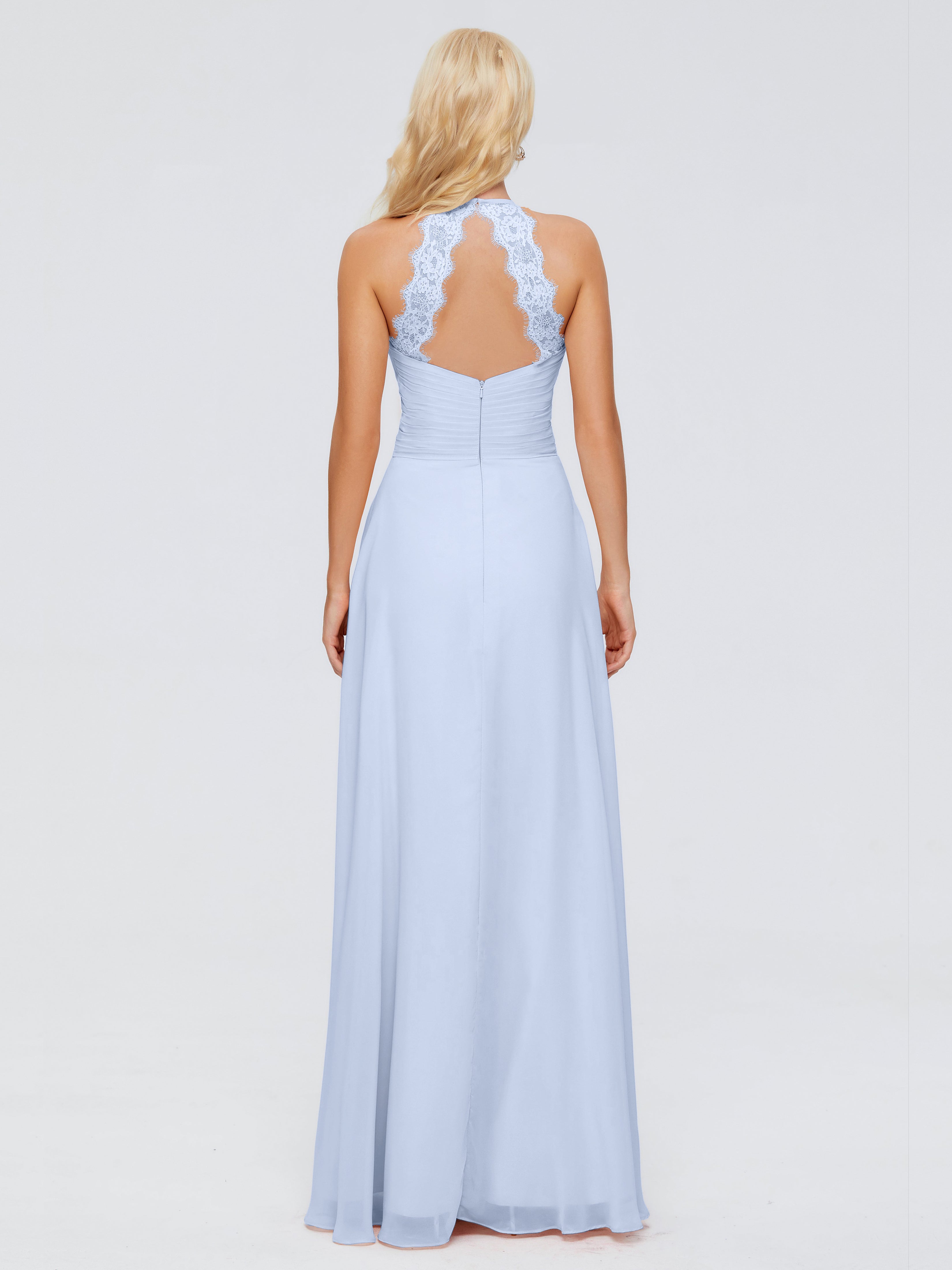 Robes De Demoiselle D'Honneur Bleu Ciel Trapèze Licou Dentelle Mousseline Robes Demoiselle D'Honneur
