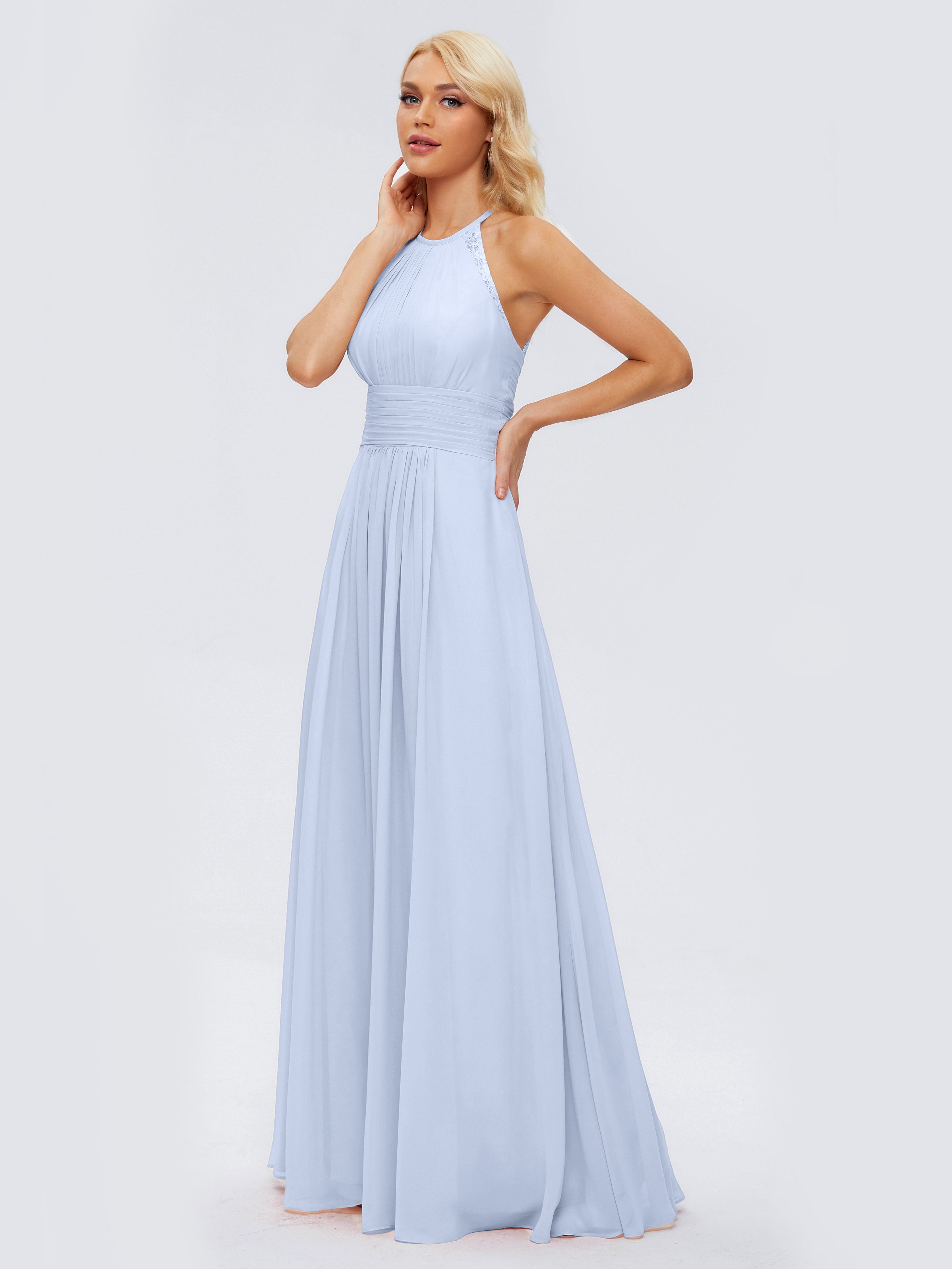 Robes De Demoiselle D'Honneur Bleu Ciel Trapèze Licou Dentelle Mousseline Robes Demoiselle D'Honneur