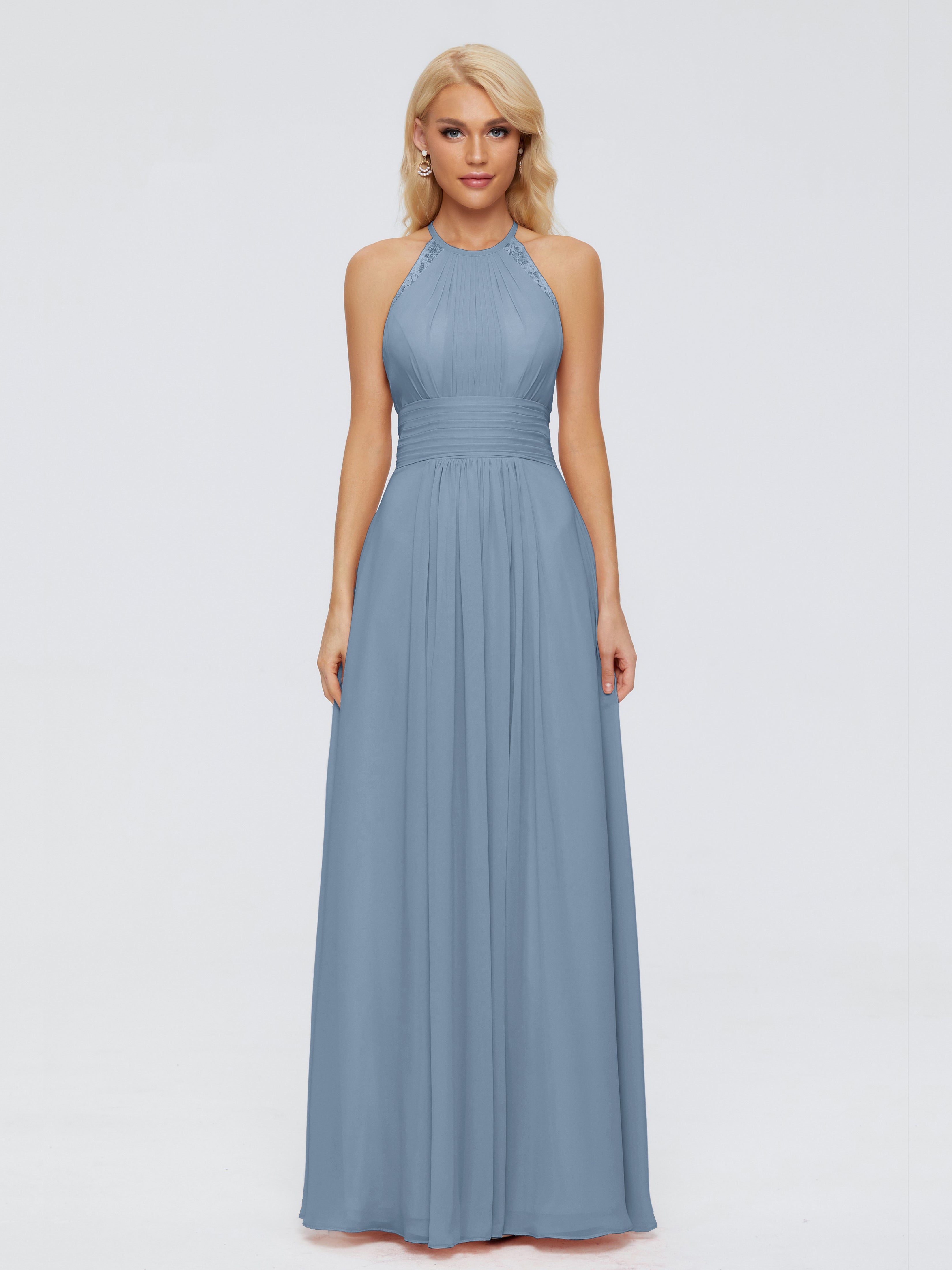 Robes De Demoiselle D'Honneur Bleu De Schiste Trapèze Licou Dentelle Mousseline Robes Demoiselle D'Honneur