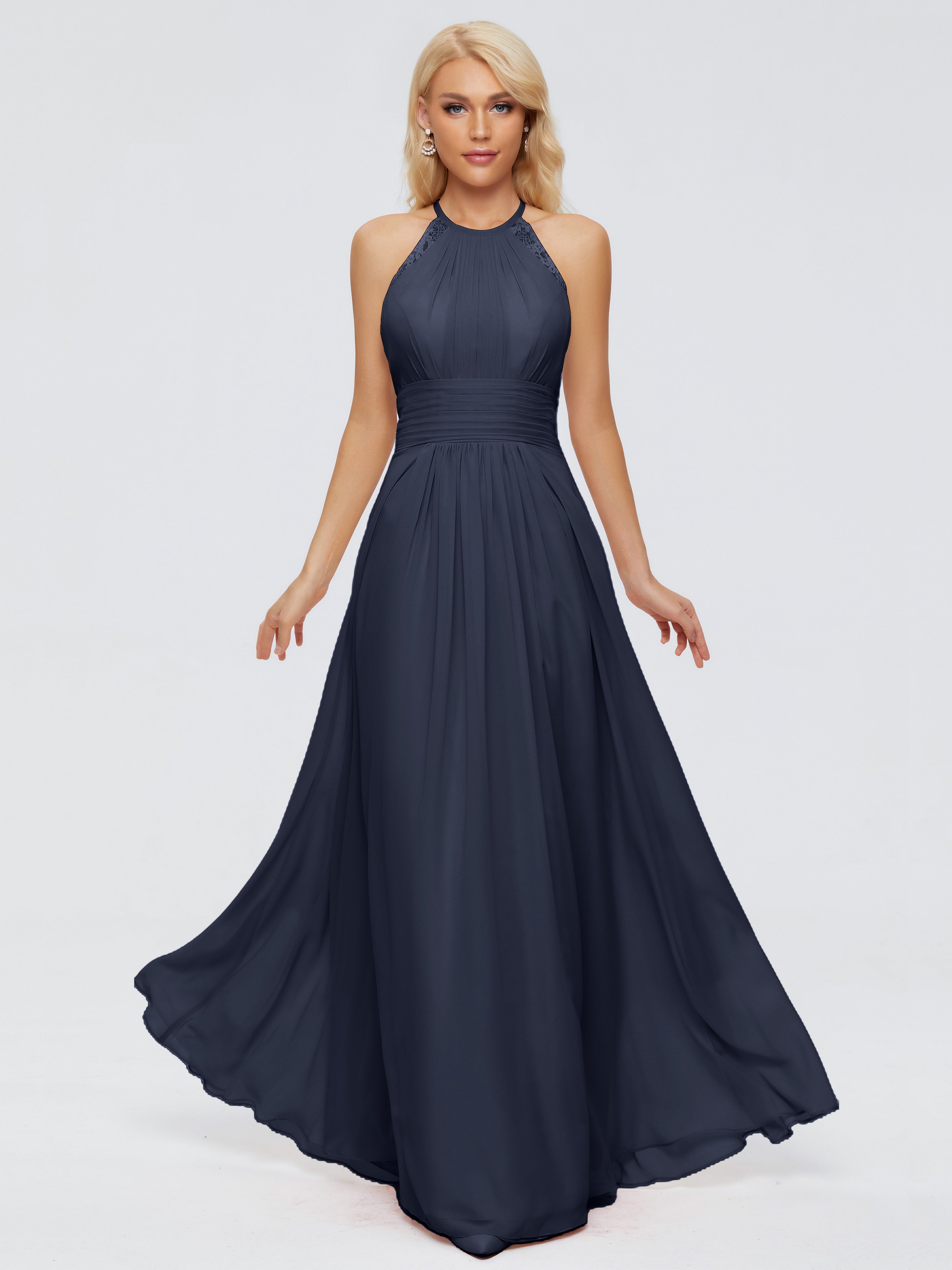 Robes De Demoiselle D'Honneur Bleu Marine Modestes Trapèze Licou Dentelle Mousseline Robes Demoiselle D'Honneur