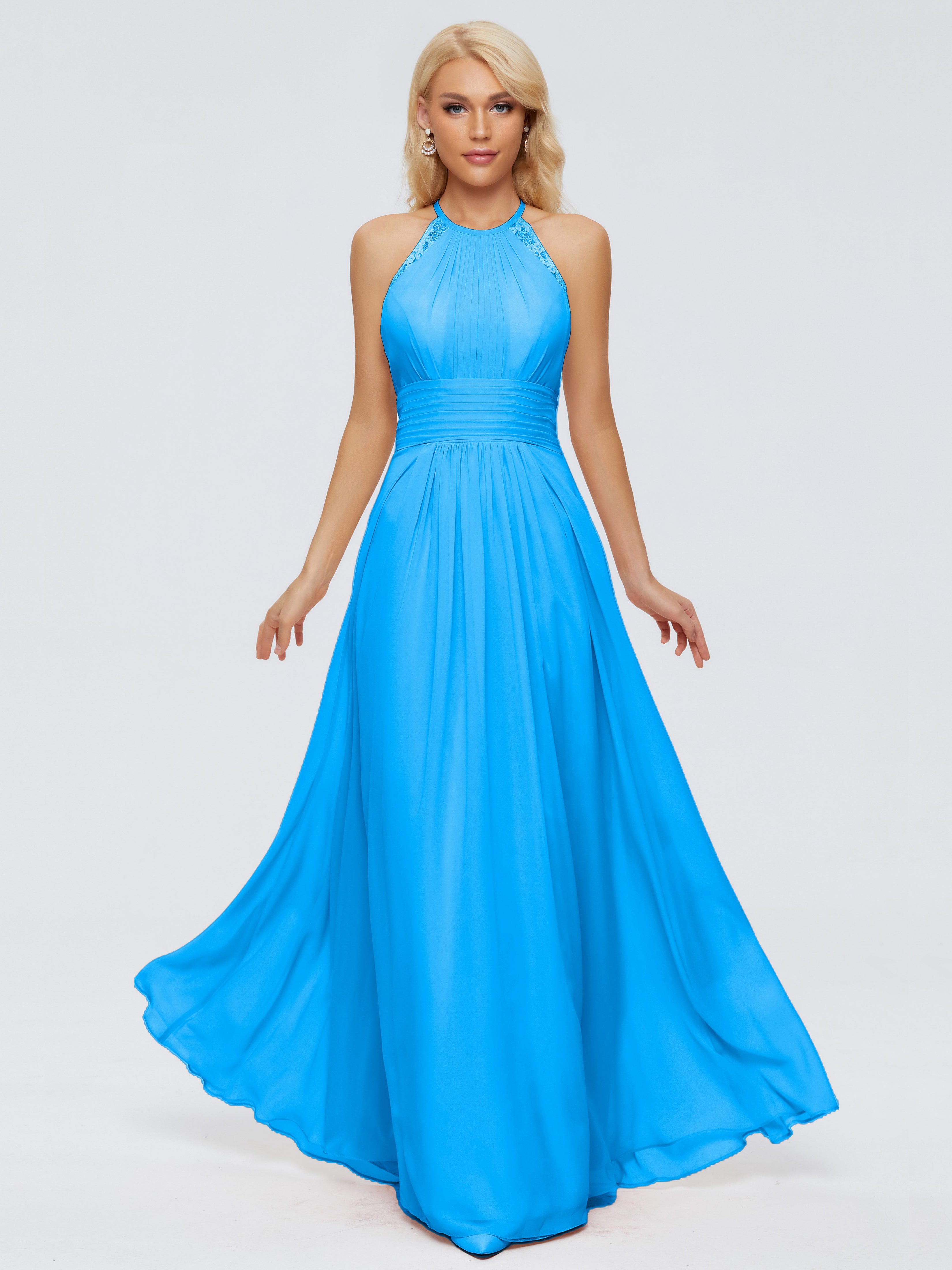 Robes De Demoiselle D'Honneur Bleu Océan Trapèze Licou Dentelle Mousseline Robes Demoiselle D'Honneur