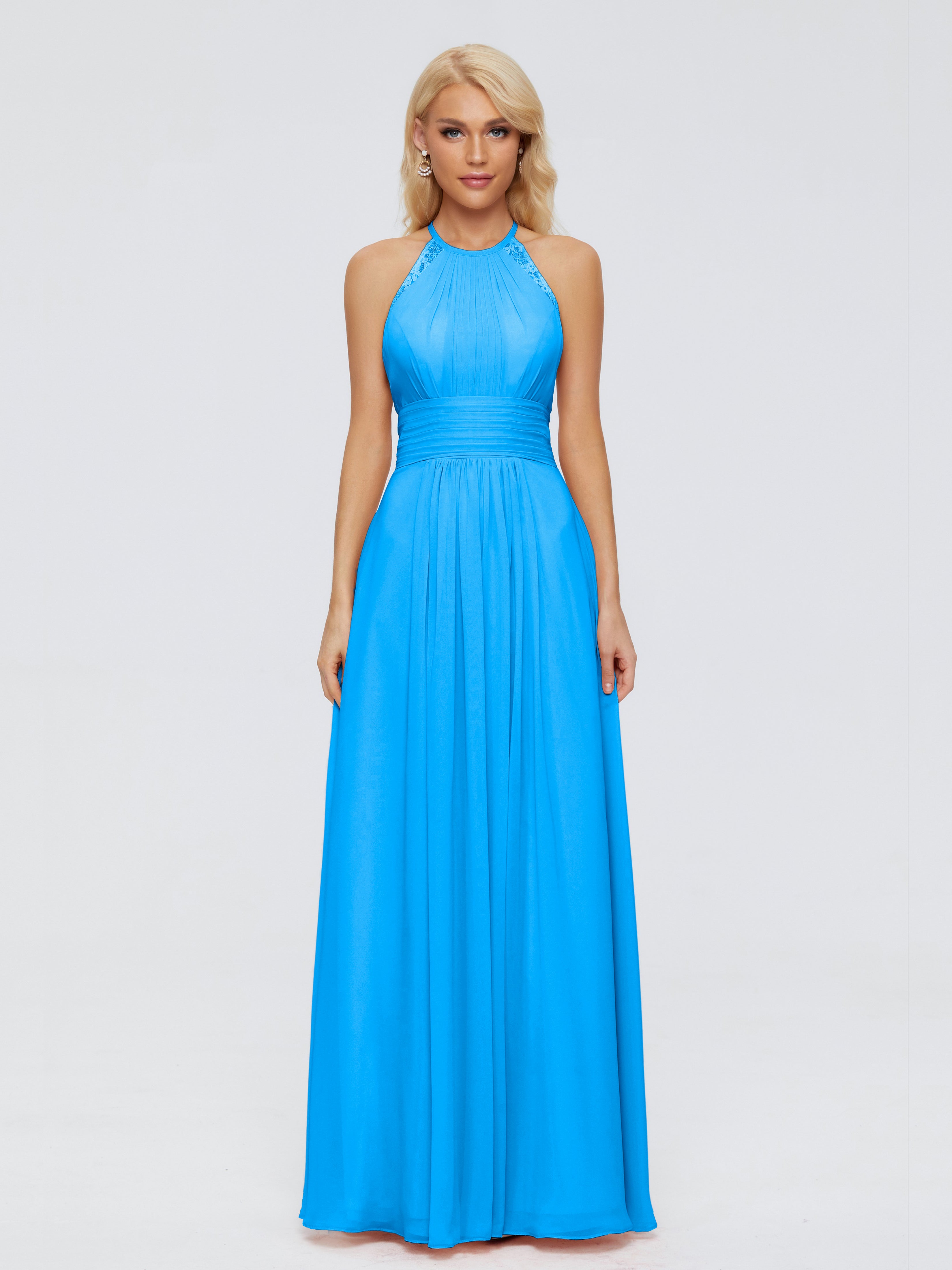 Robes De Demoiselle D'Honneur Bleu Océan Trapèze Licou Dentelle Mousseline Robes Demoiselle D'Honneur