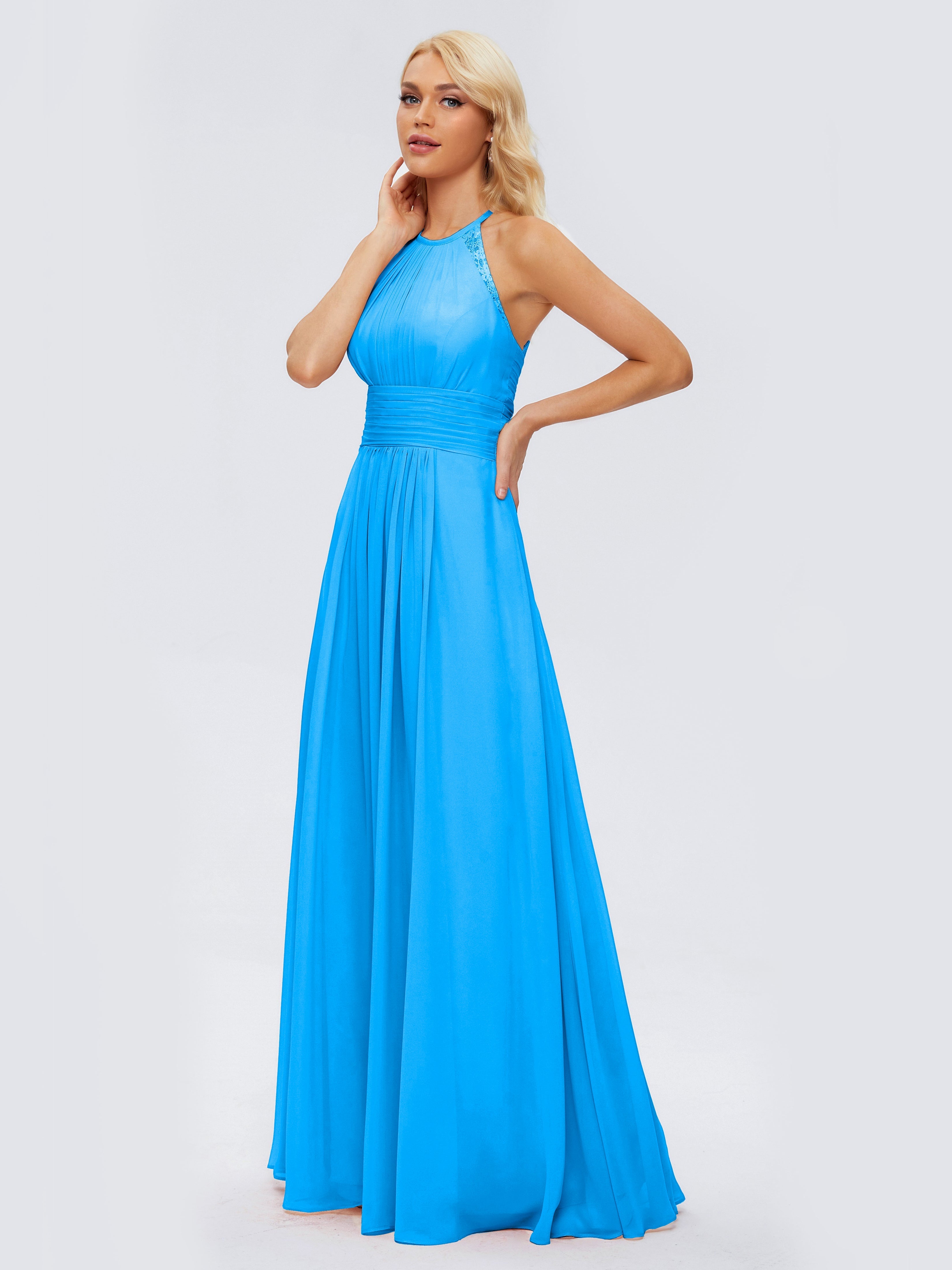 Robes De Demoiselle D'Honneur Bleu Océan Trapèze Licou Dentelle Mousseline Robes Demoiselle D'Honneur