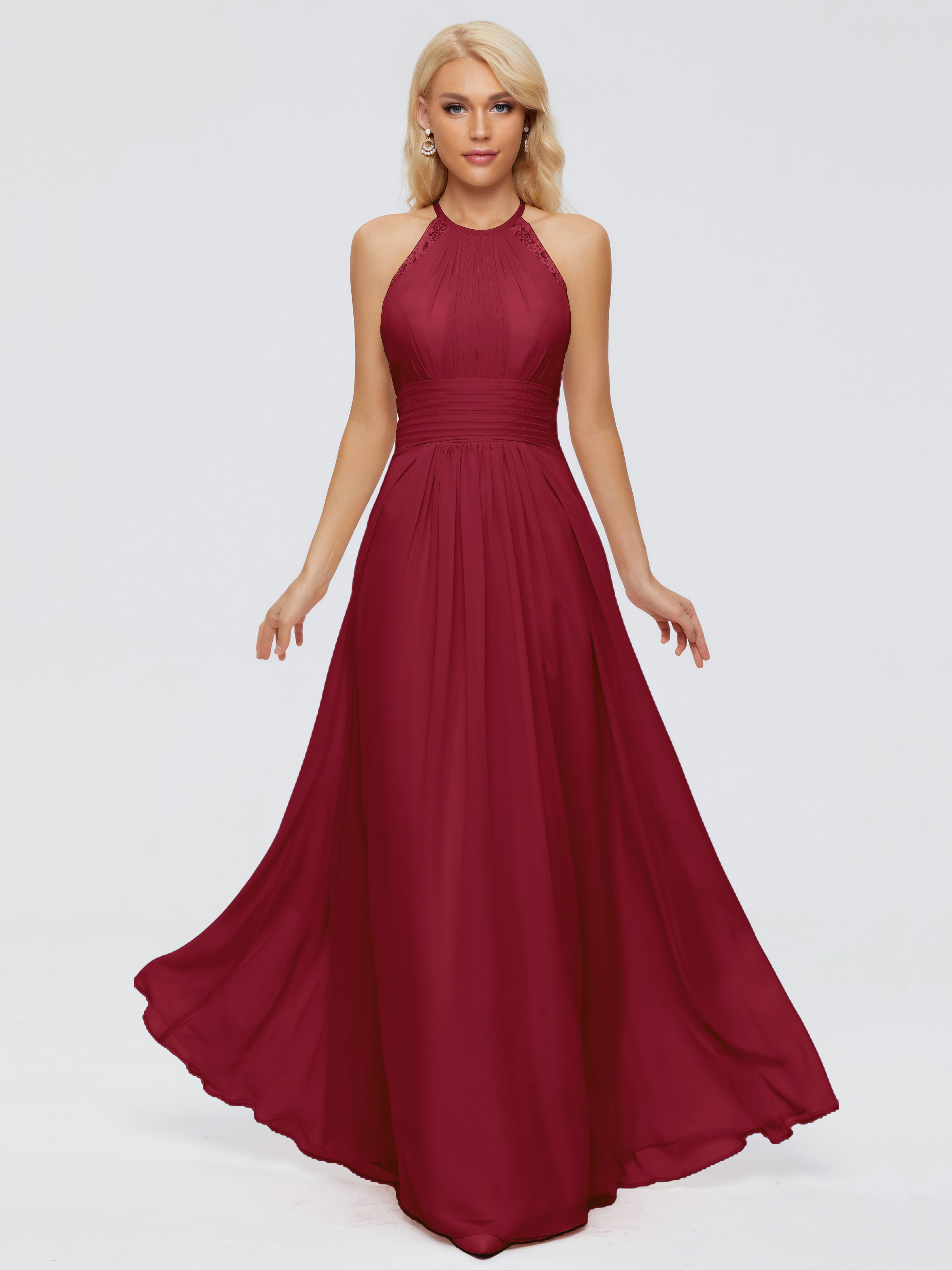Robes De Demoiselle D'Honneur Bordeaux Longues Trapèze Licou Dentelle Mousseline