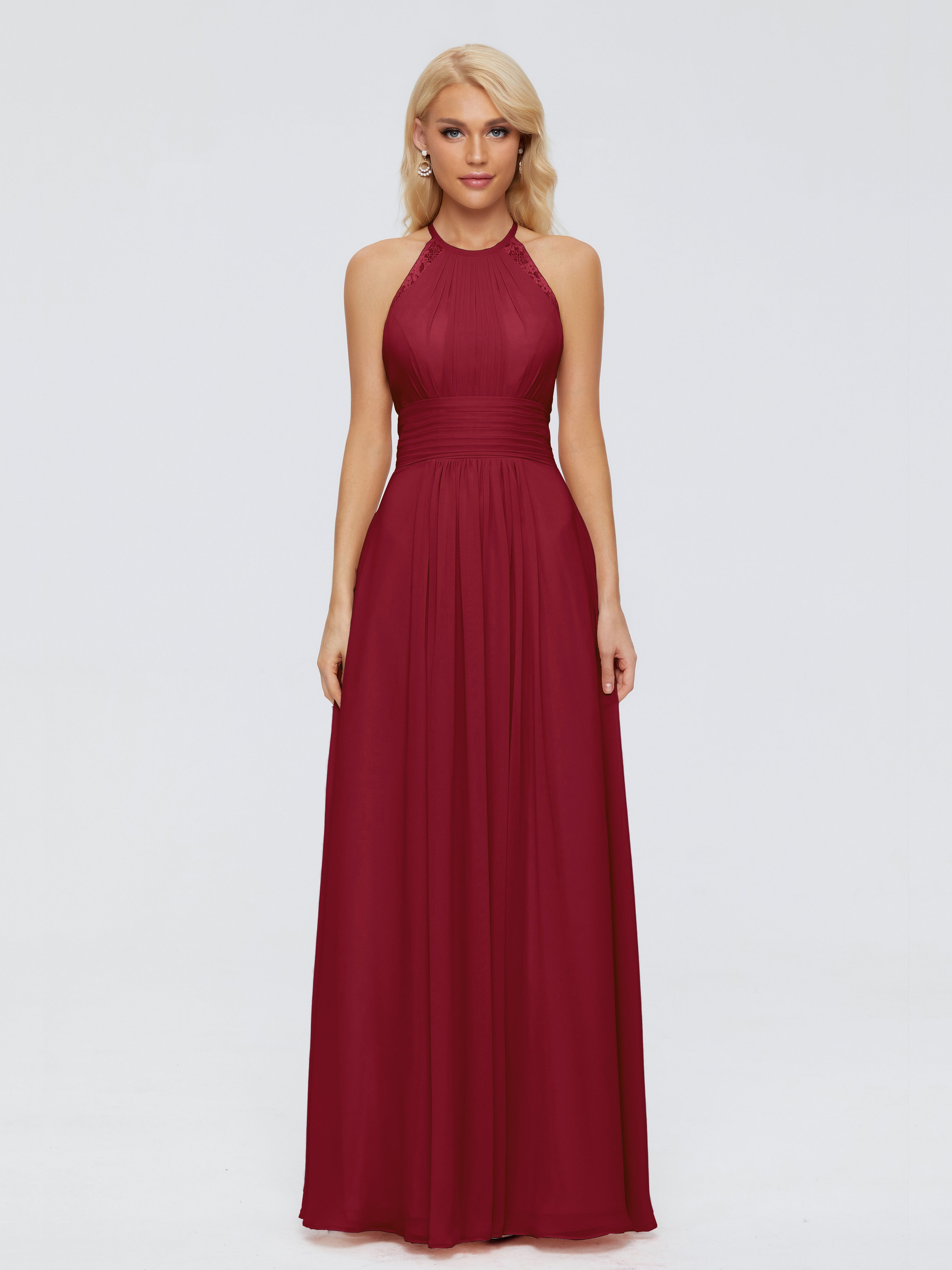 Robes De Demoiselle D'Honneur Bordeaux Longues Trapèze Licou Dentelle Mousseline