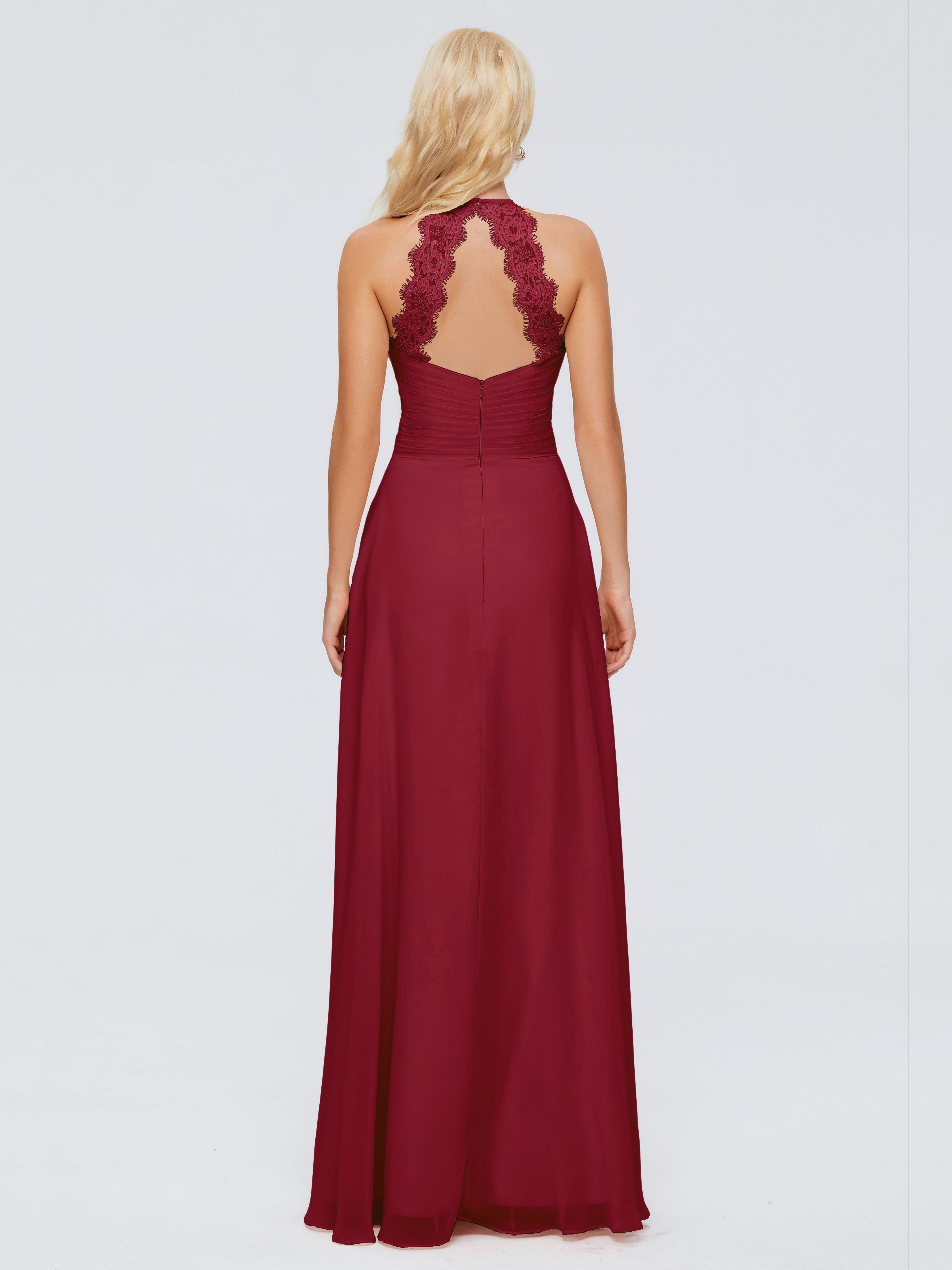 Robes De Demoiselle D'Honneur Bordeaux Longues Trapèze Licou Dentelle Mousseline