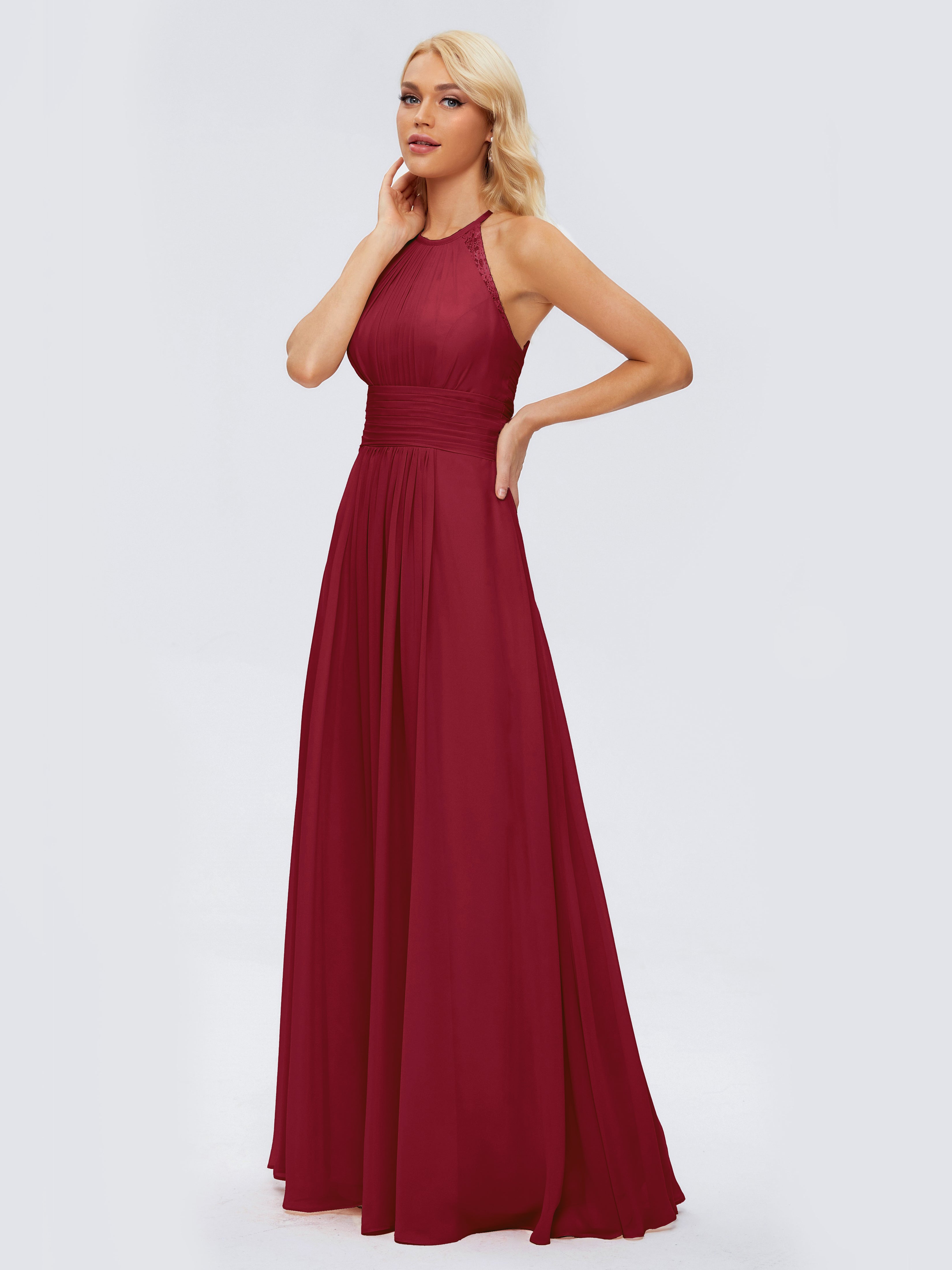 Robes De Demoiselle D'Honneur Bordeaux Longues Trapèze Licou Dentelle Mousseline