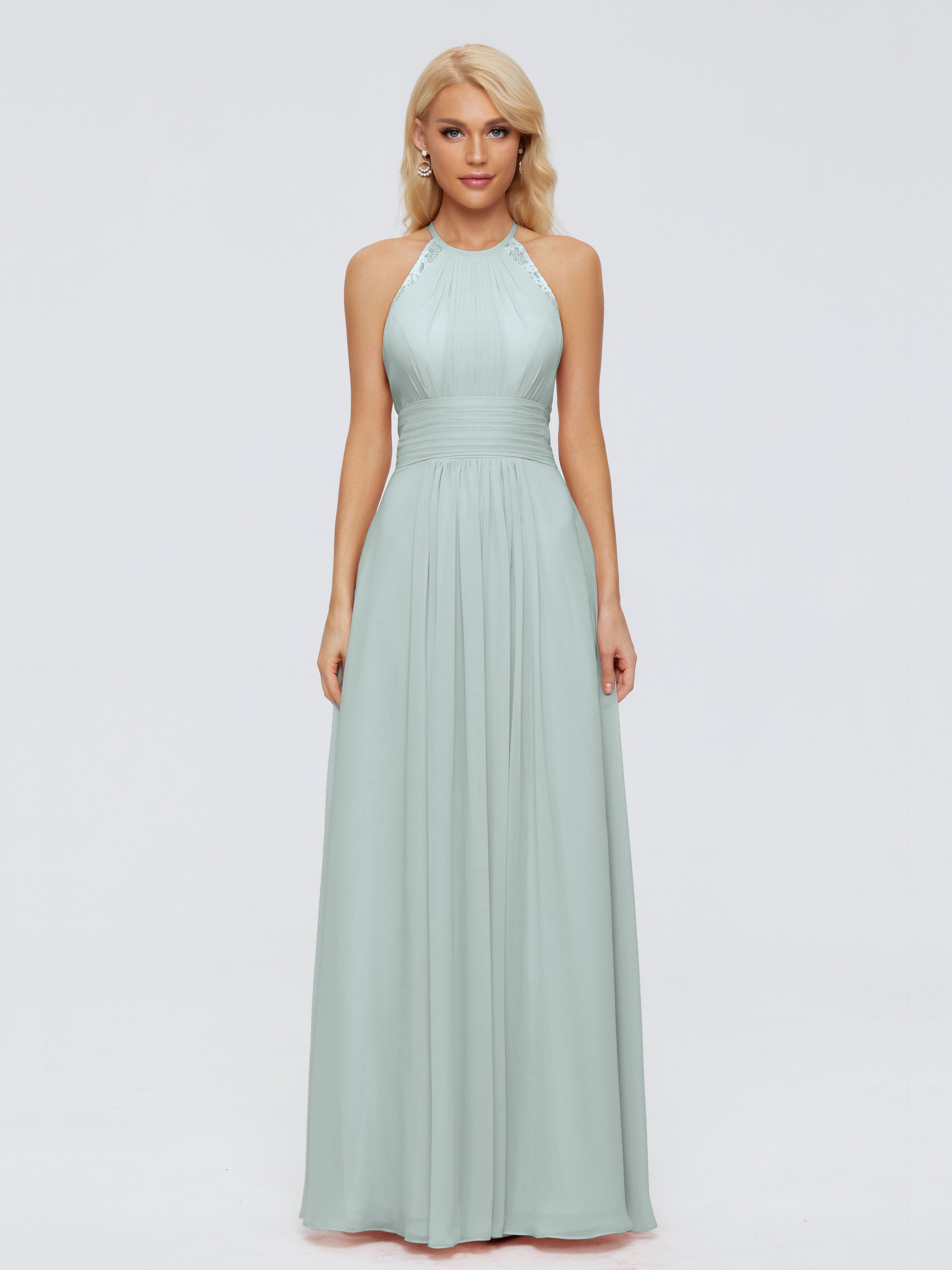 Robes De Demoiselle D'Honneur Celadon Trapèze Licou Dentelle Mousseline Robes Demoiselle D'Honneur