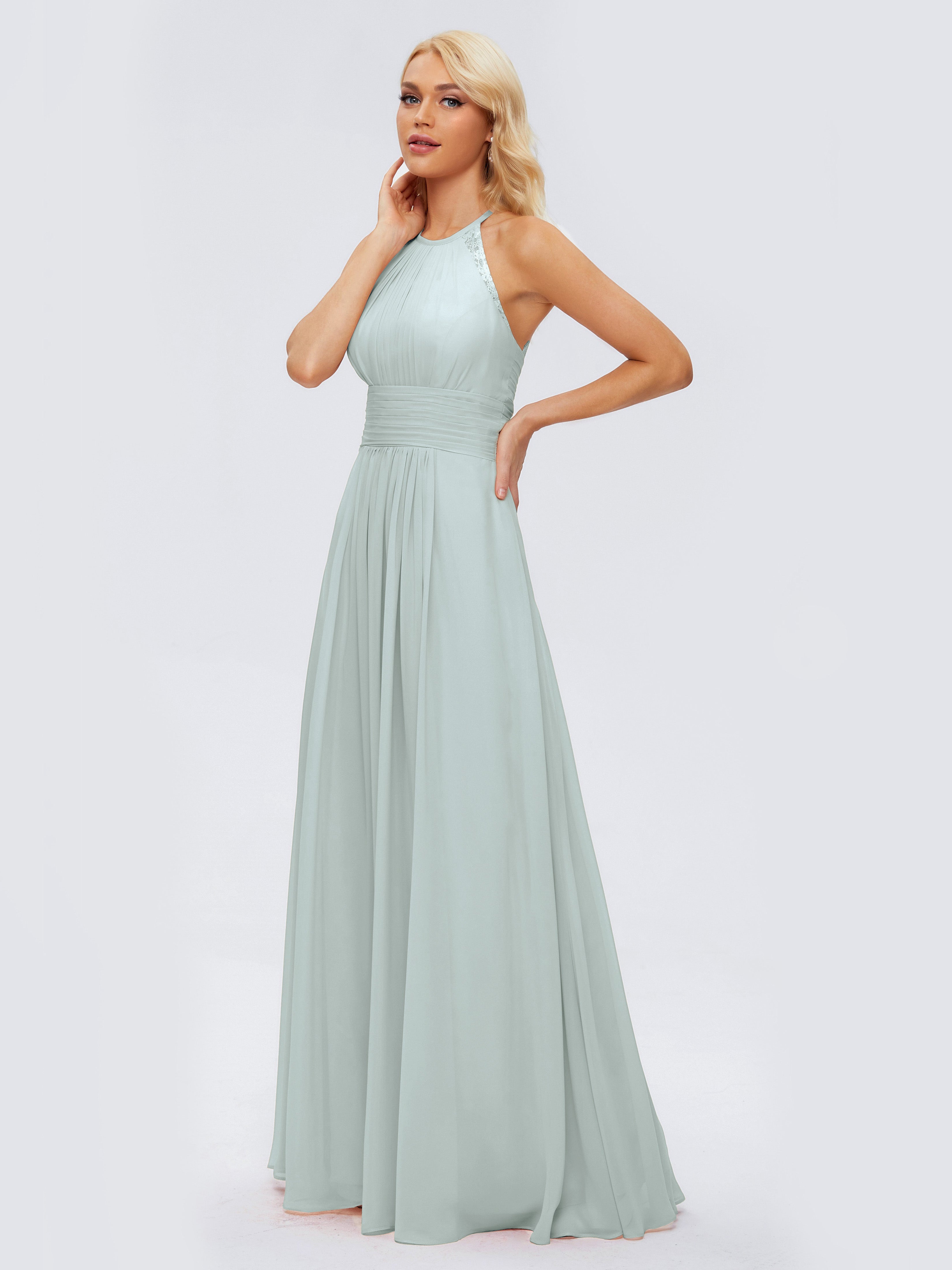 Robes De Demoiselle D'Honneur Celadon Trapèze Licou Dentelle Mousseline Robes Demoiselle D'Honneur