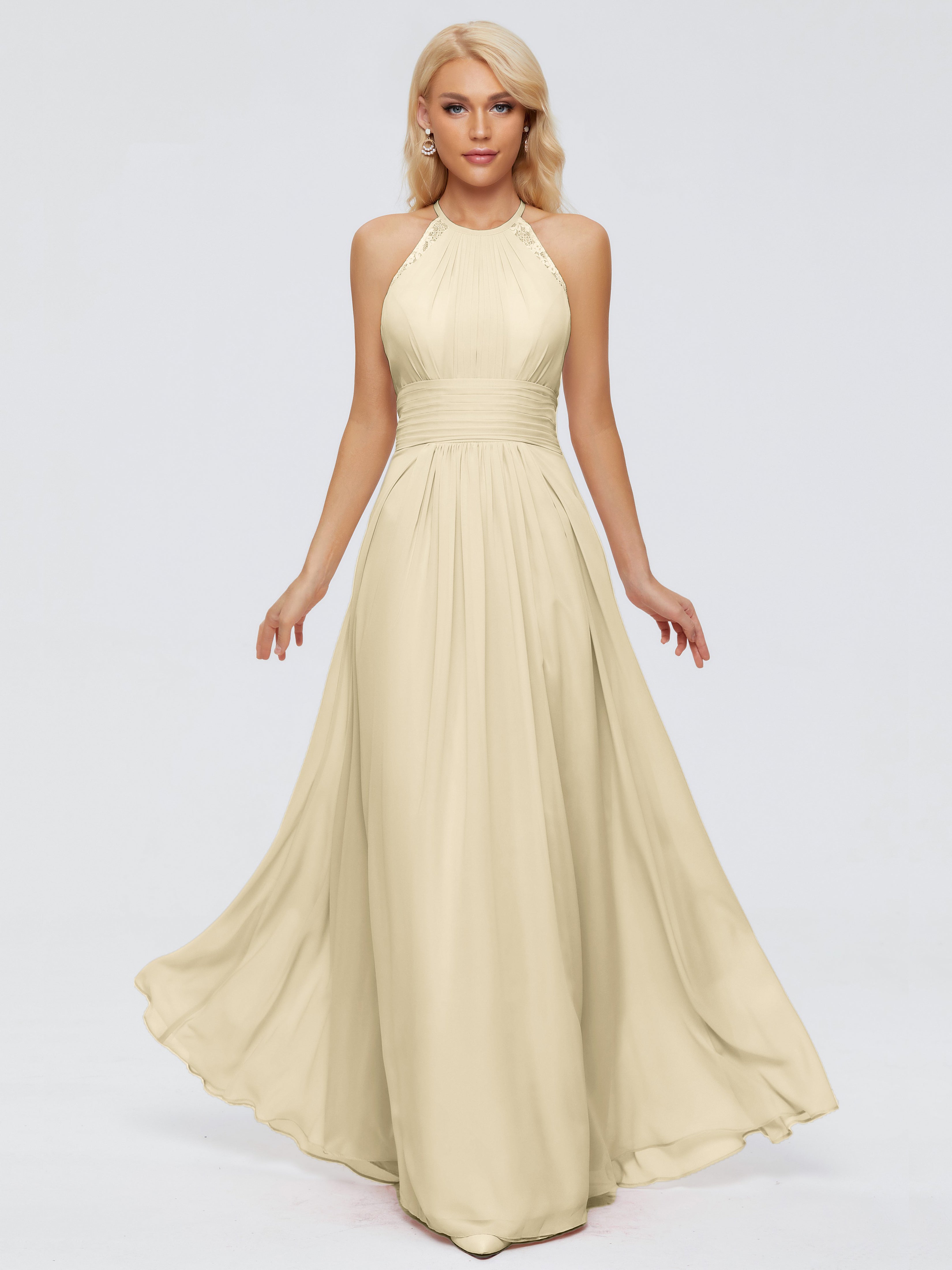 Robes De Demoiselle D'Honneur Couleur Champagne Trapèze Licou Dentelle Mousseline Robes Demoiselle D'Honneur