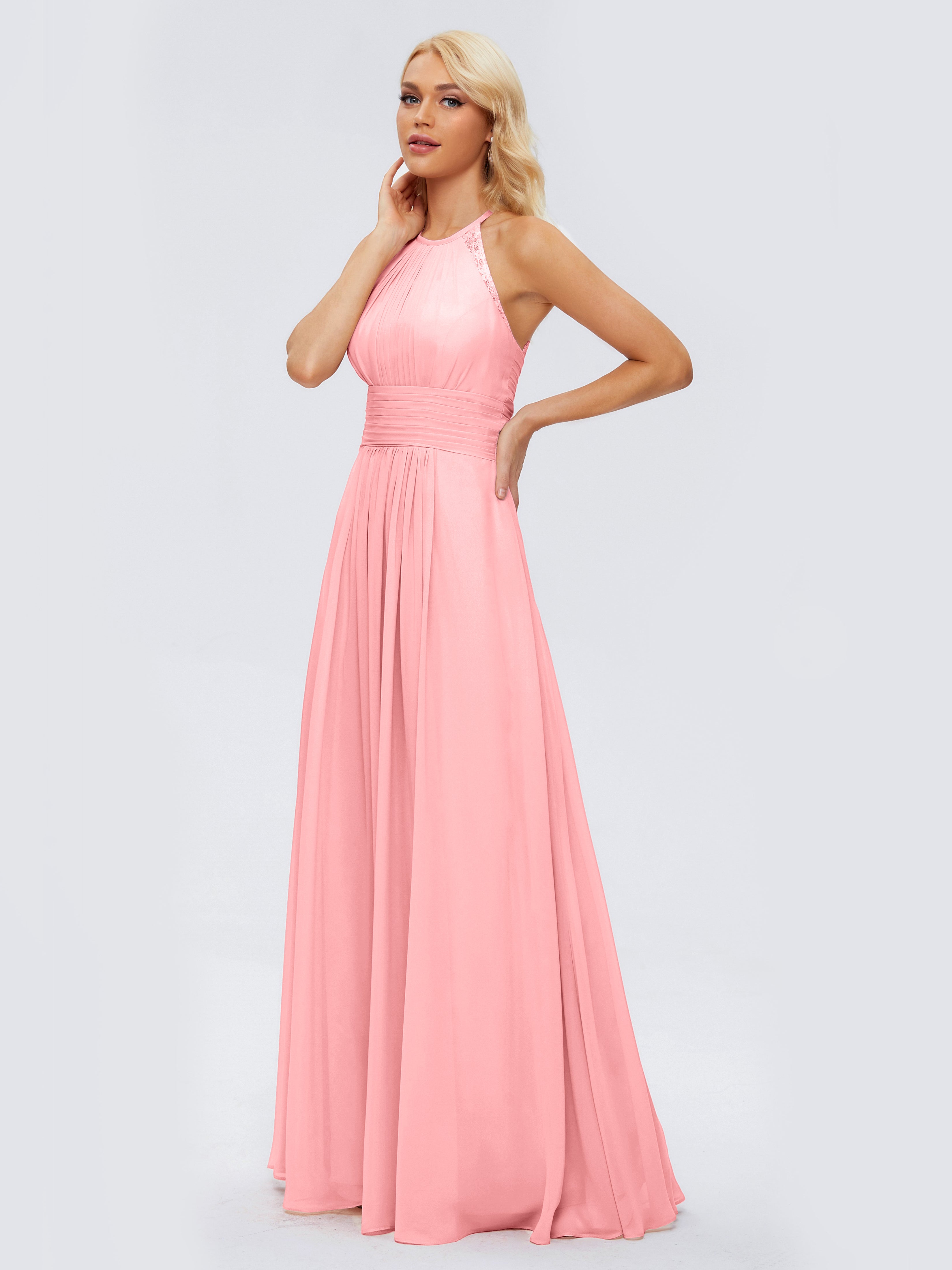 Robes De Demoiselle D'Honneur En Flamant Trapèze Licou Dentelle Mousseline Robes Demoiselle D'Honneur