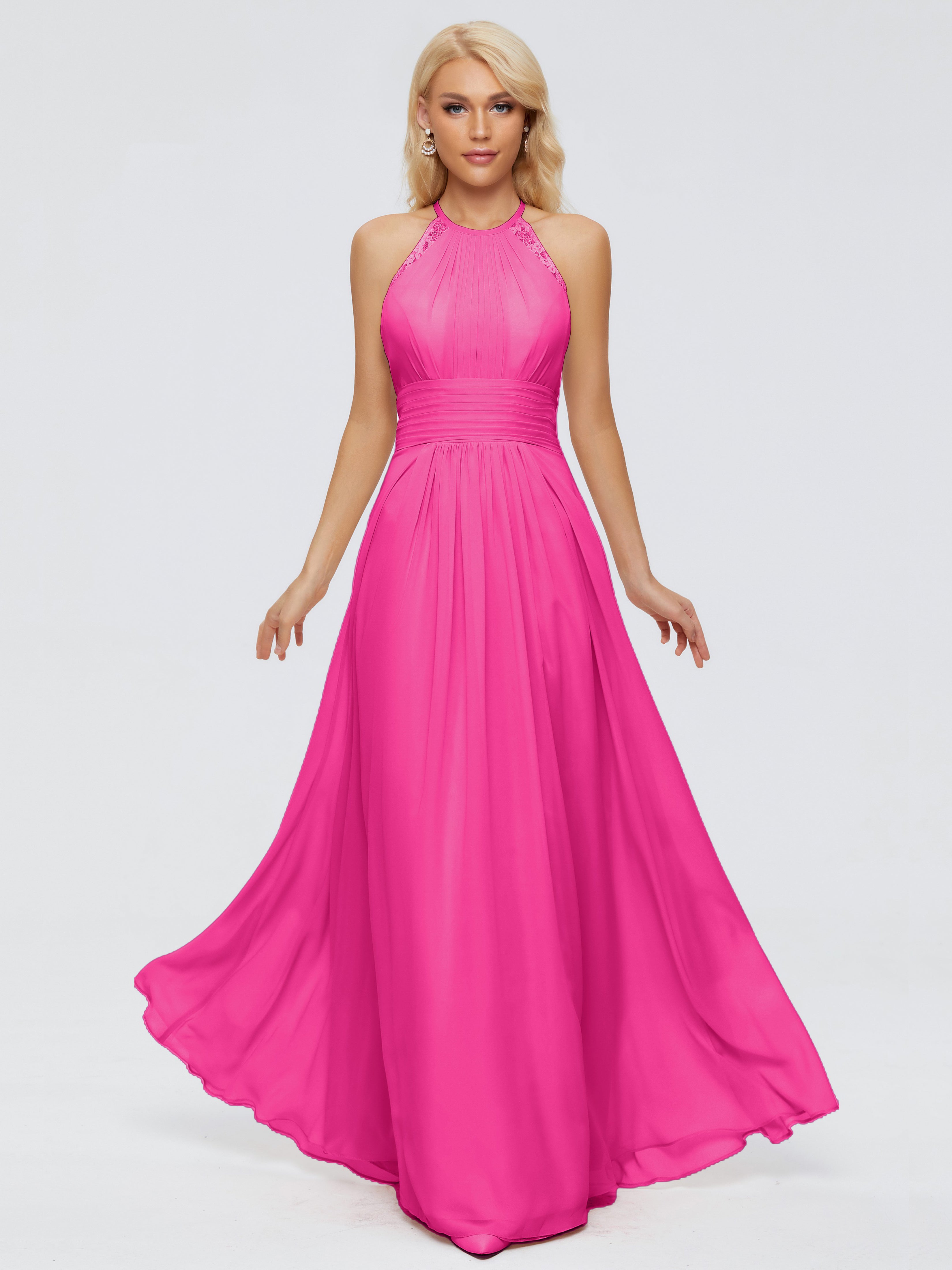 Robes De Demoiselle D'Honneur Rose Fuchsia Trapèze Licou Dentelle Mousseline Robes Demoiselle D'Honneur