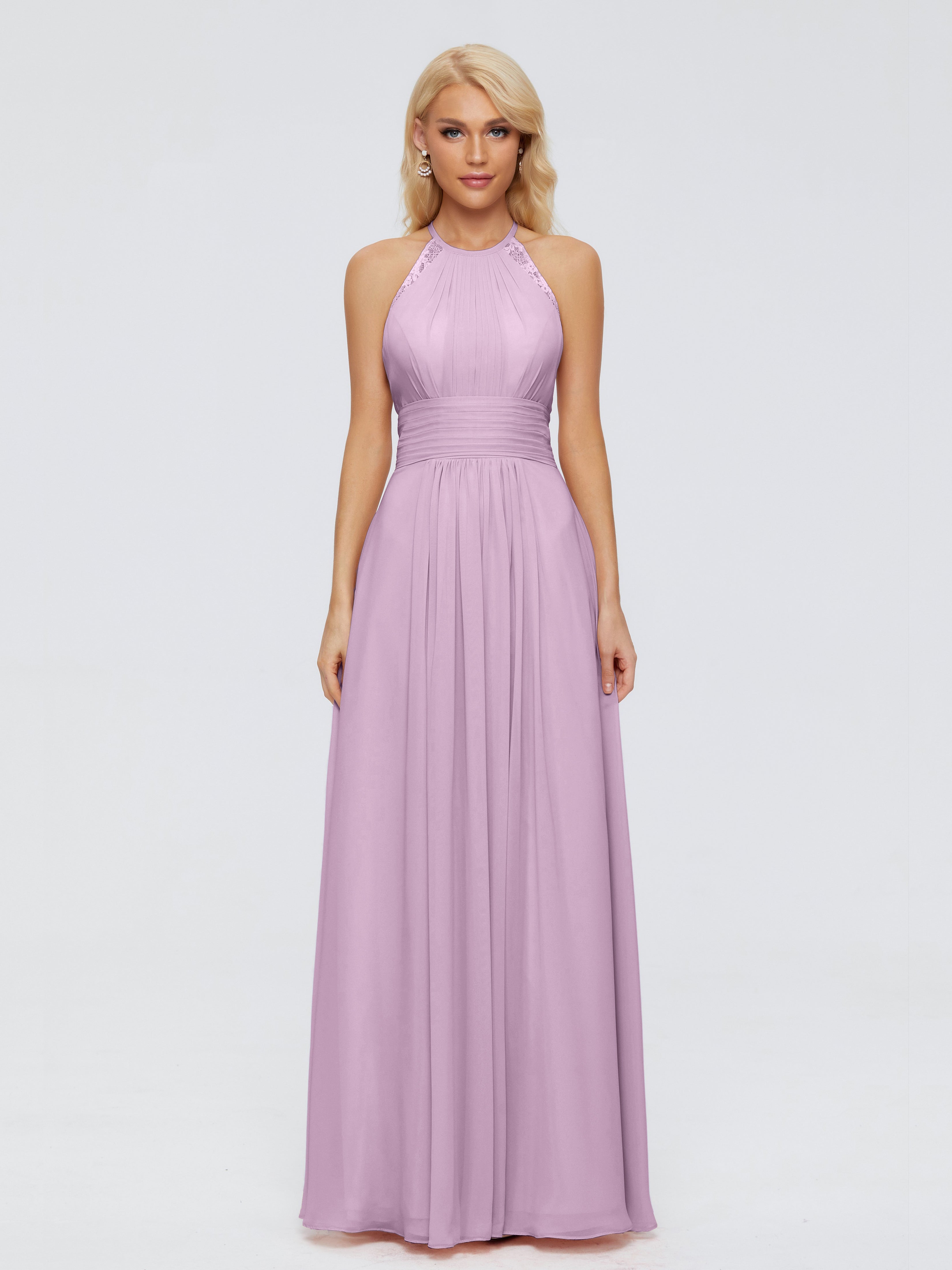 Robes De Demoiselle D'Honneur Glycine Trapèze Licou Dentelle Mousseline Robes Demoiselle D'Honneur