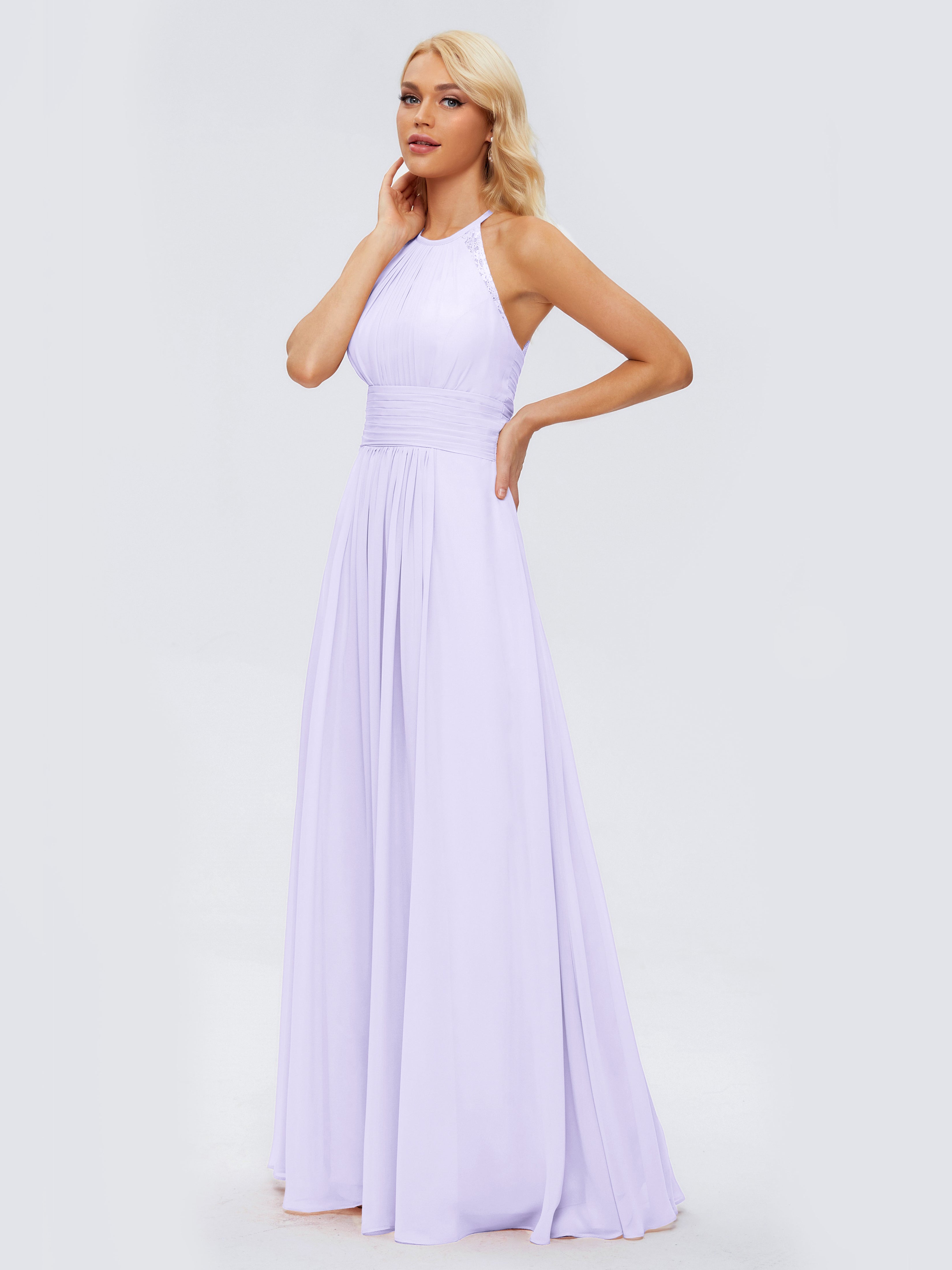 Robes De Demoiselle D'Honneur Lilas Trapèze Licou Dentelle Mousseline Robes Demoiselle D'Honneur