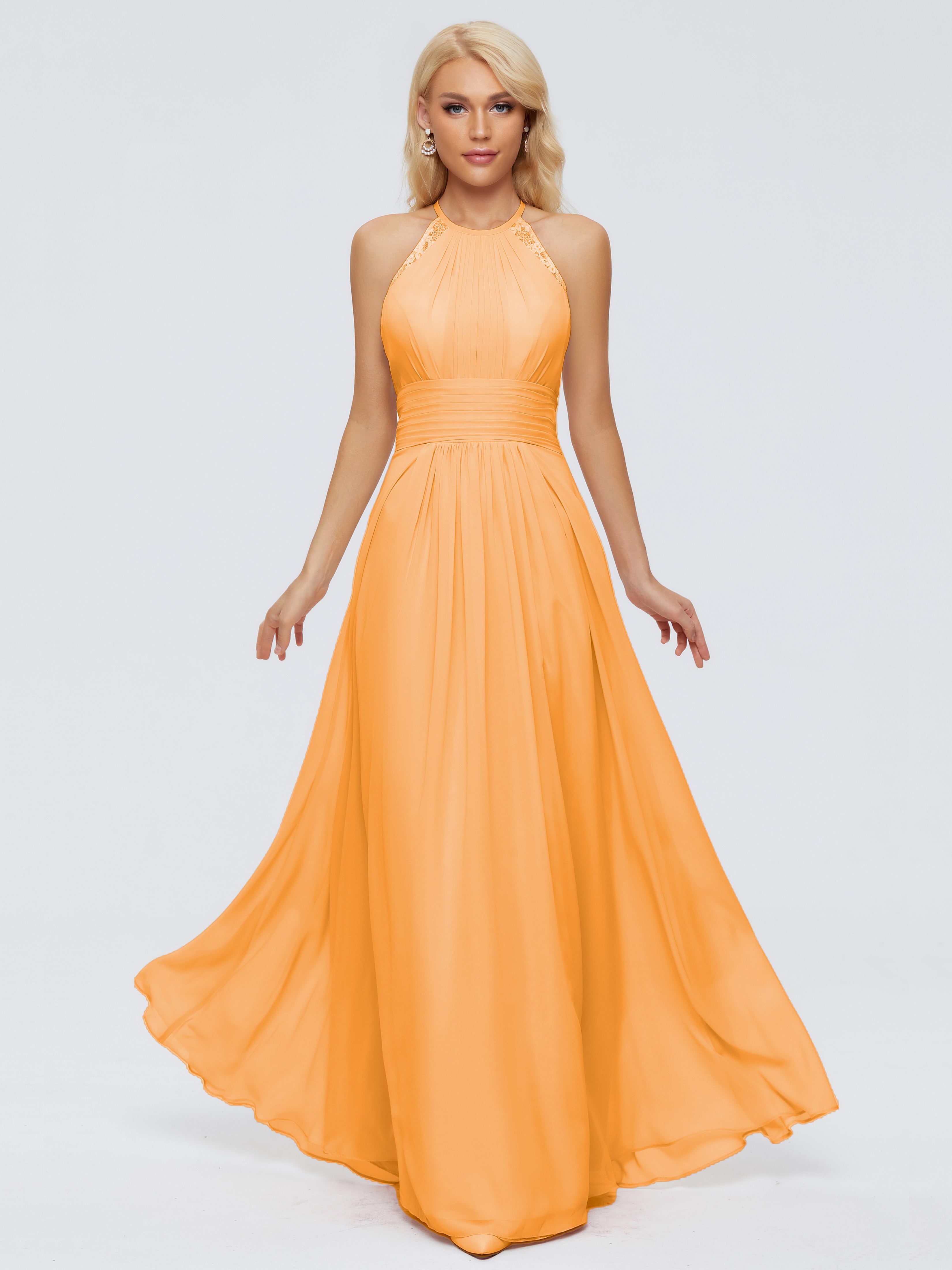 Robes De Demoiselle D'Honneur Mandarine Trapèze Licou Dentelle Mousseline