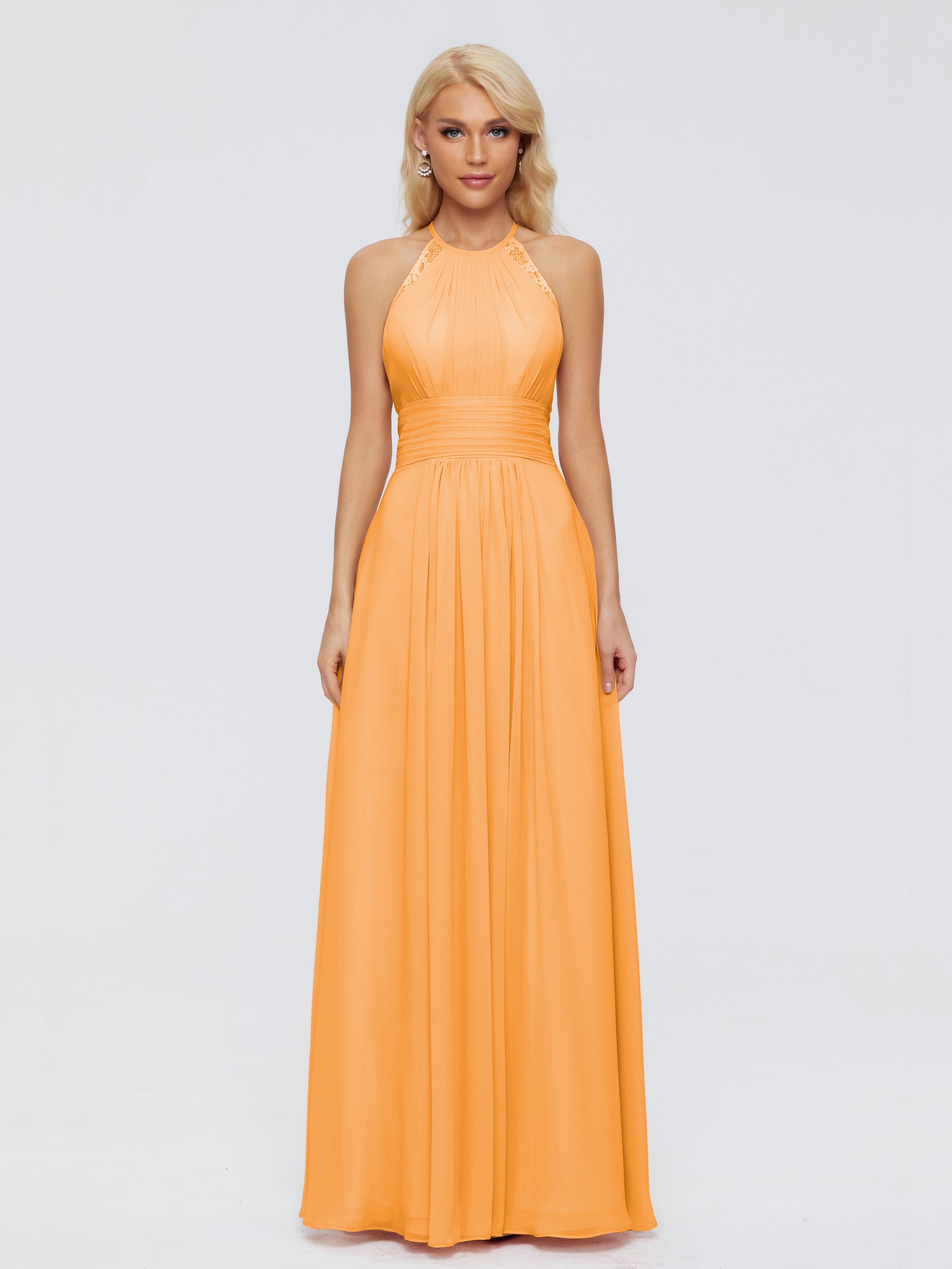 Robes De Demoiselle D'Honneur Mandarine Trapèze Licou Dentelle Mousseline