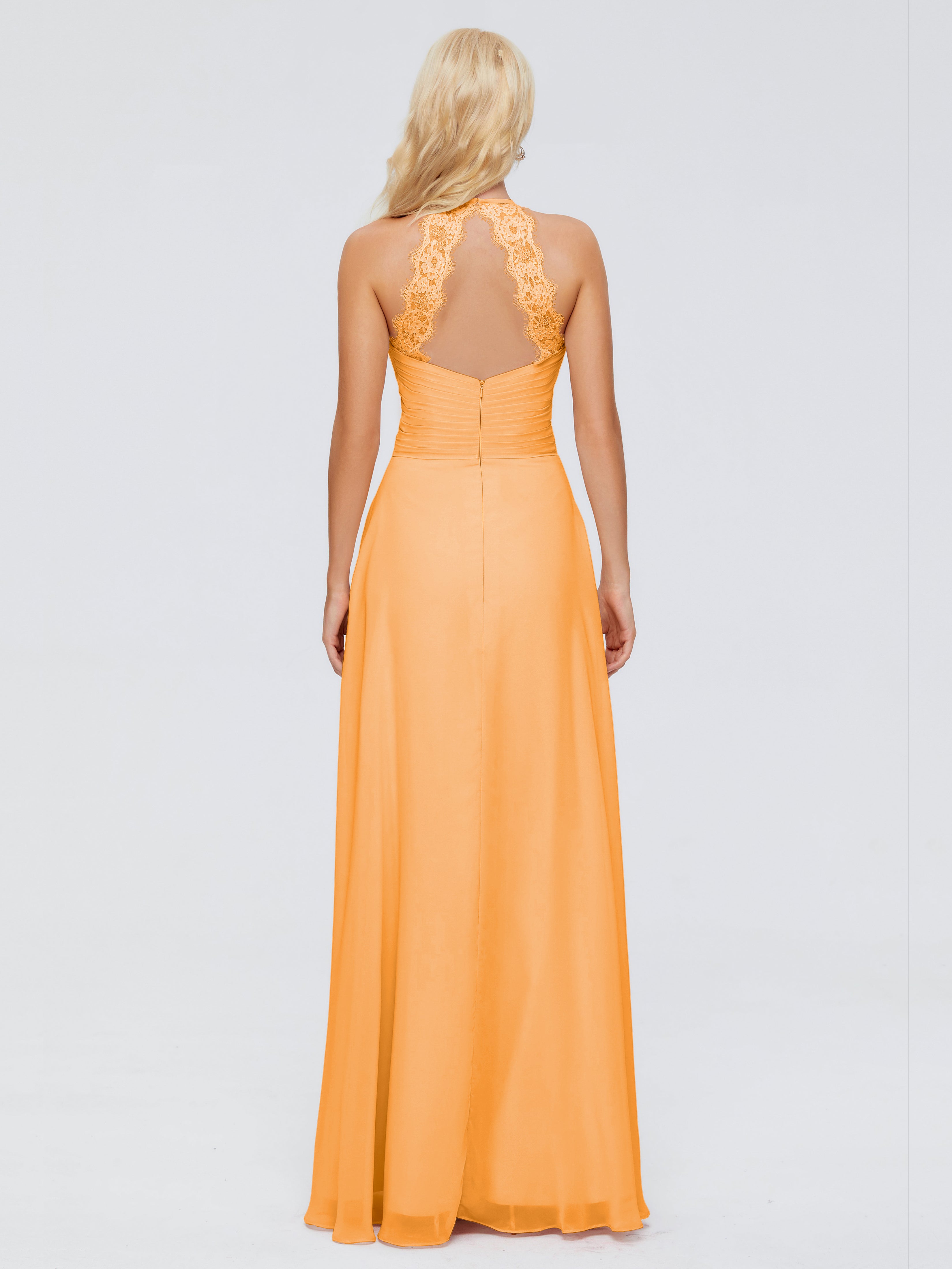 Robes De Demoiselle D'Honneur Mandarine Trapèze Licou Dentelle Mousseline