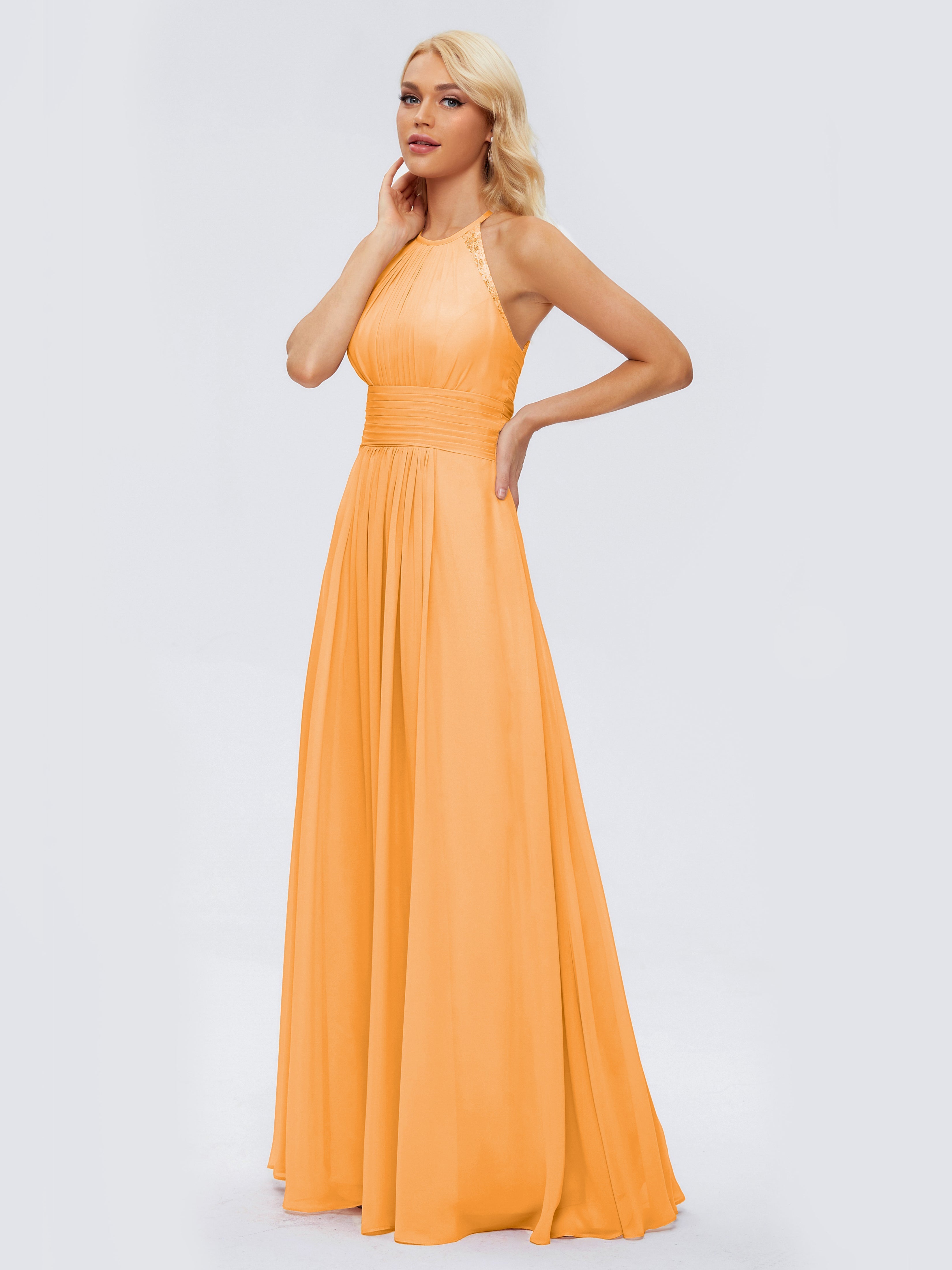 Robes De Demoiselle D'Honneur Mandarine Trapèze Licou Dentelle Mousseline