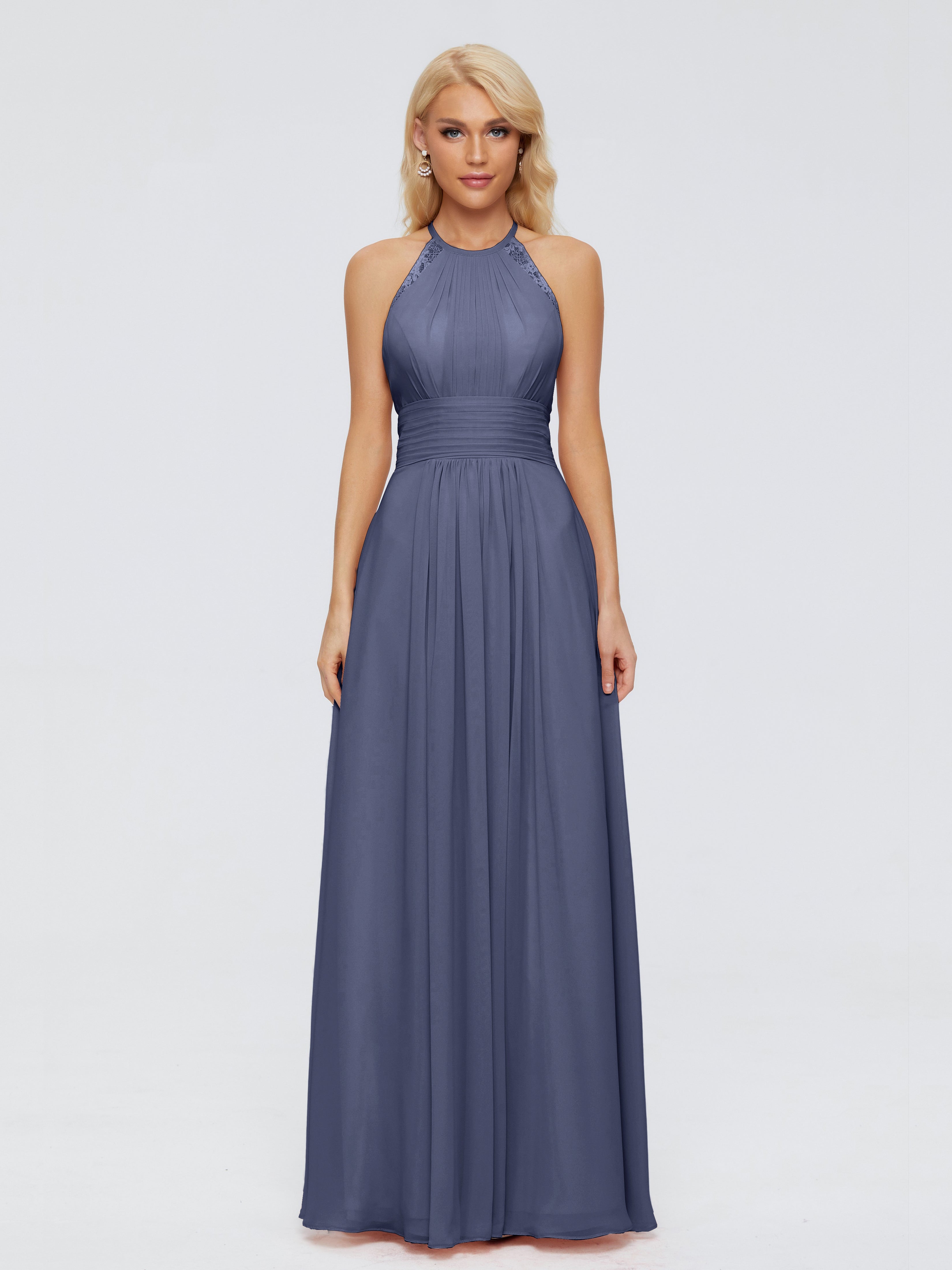 Robes De Demoiselle D'Honneur Bleu Orageux Trapèze Licou Dentelle Mousseline Robes Demoiselle D'Honneur