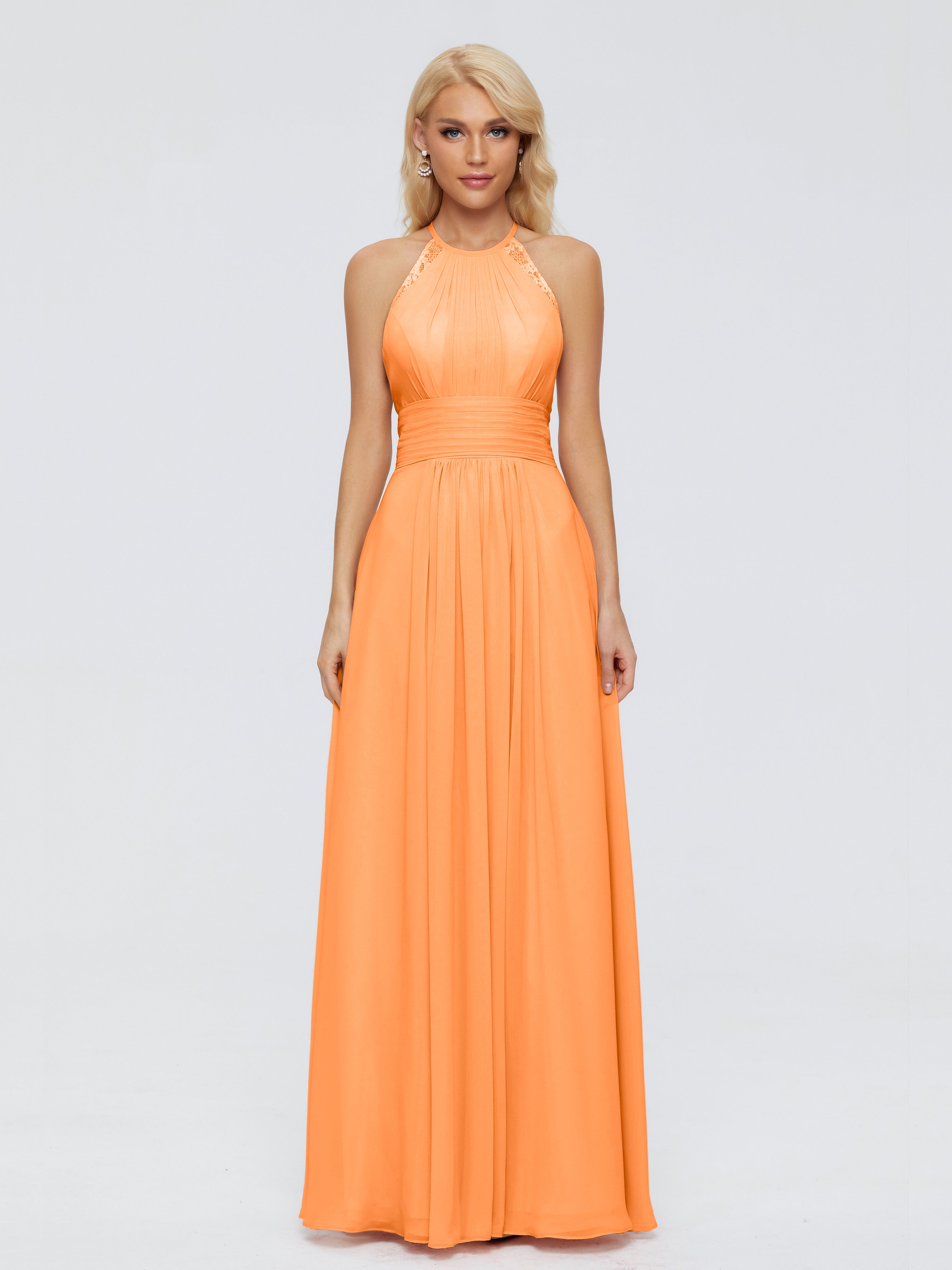 Robe Mousseline Orange Trapèze Licou Dentelle Mousseline Robes Demoiselle D'Honneur