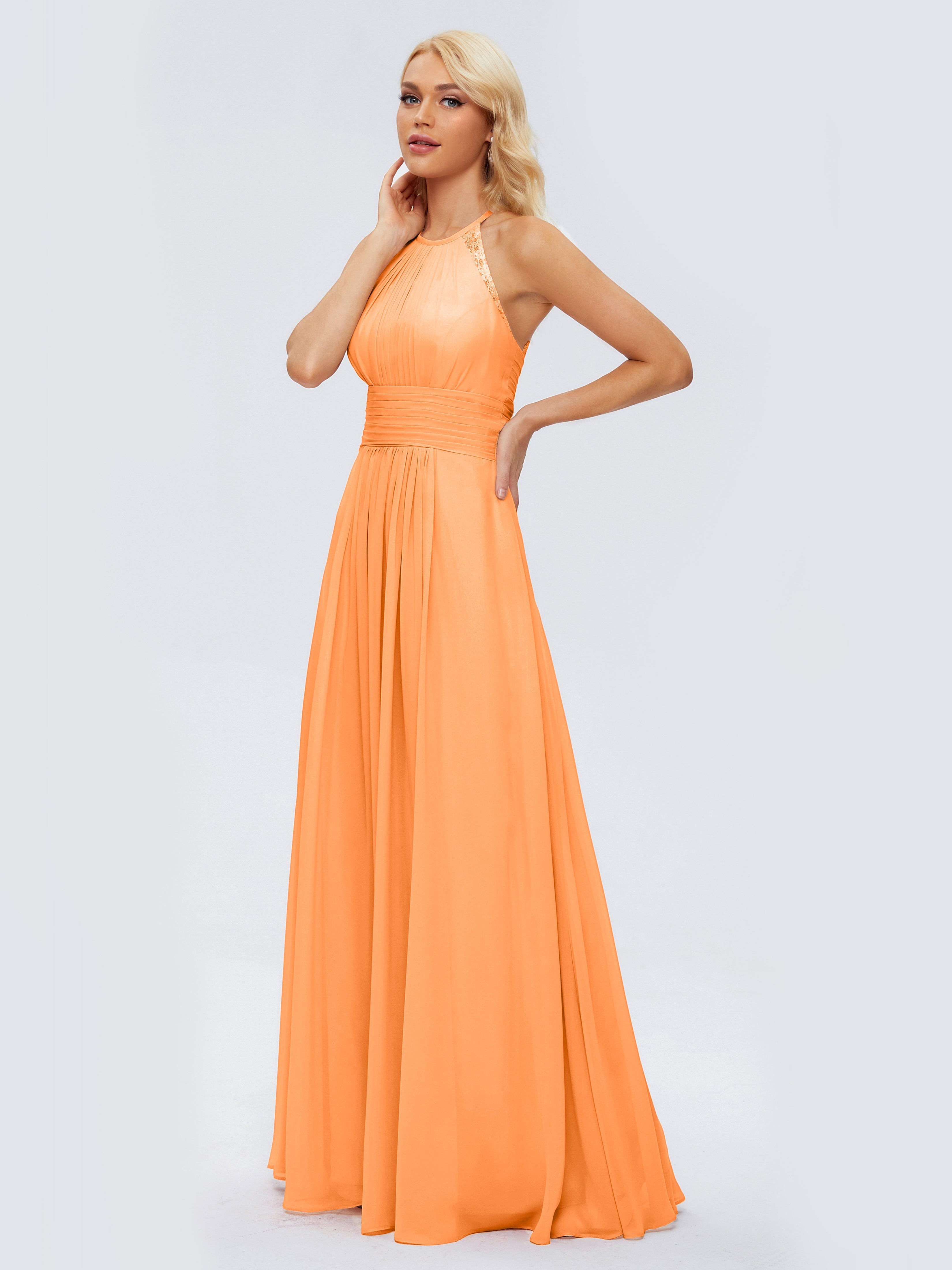 Robe Mousseline Orange Trapèze Licou Dentelle Mousseline Robes Demoiselle D'Honneur