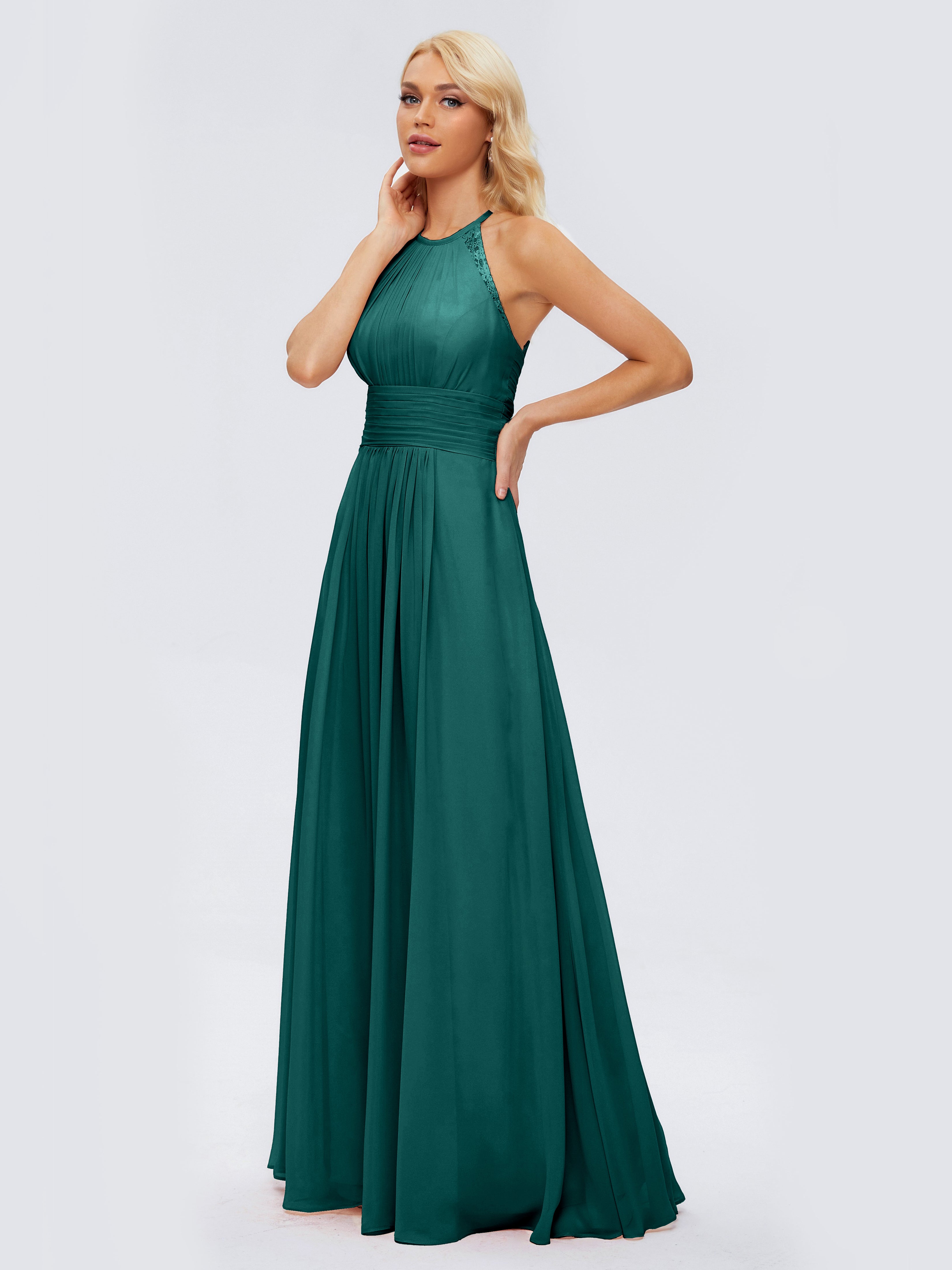 Robes De Demoiselle D'Honneur Couleur Paon Trapèze Licou Dentelle Mousseline Robes Demoiselle D'Honneur