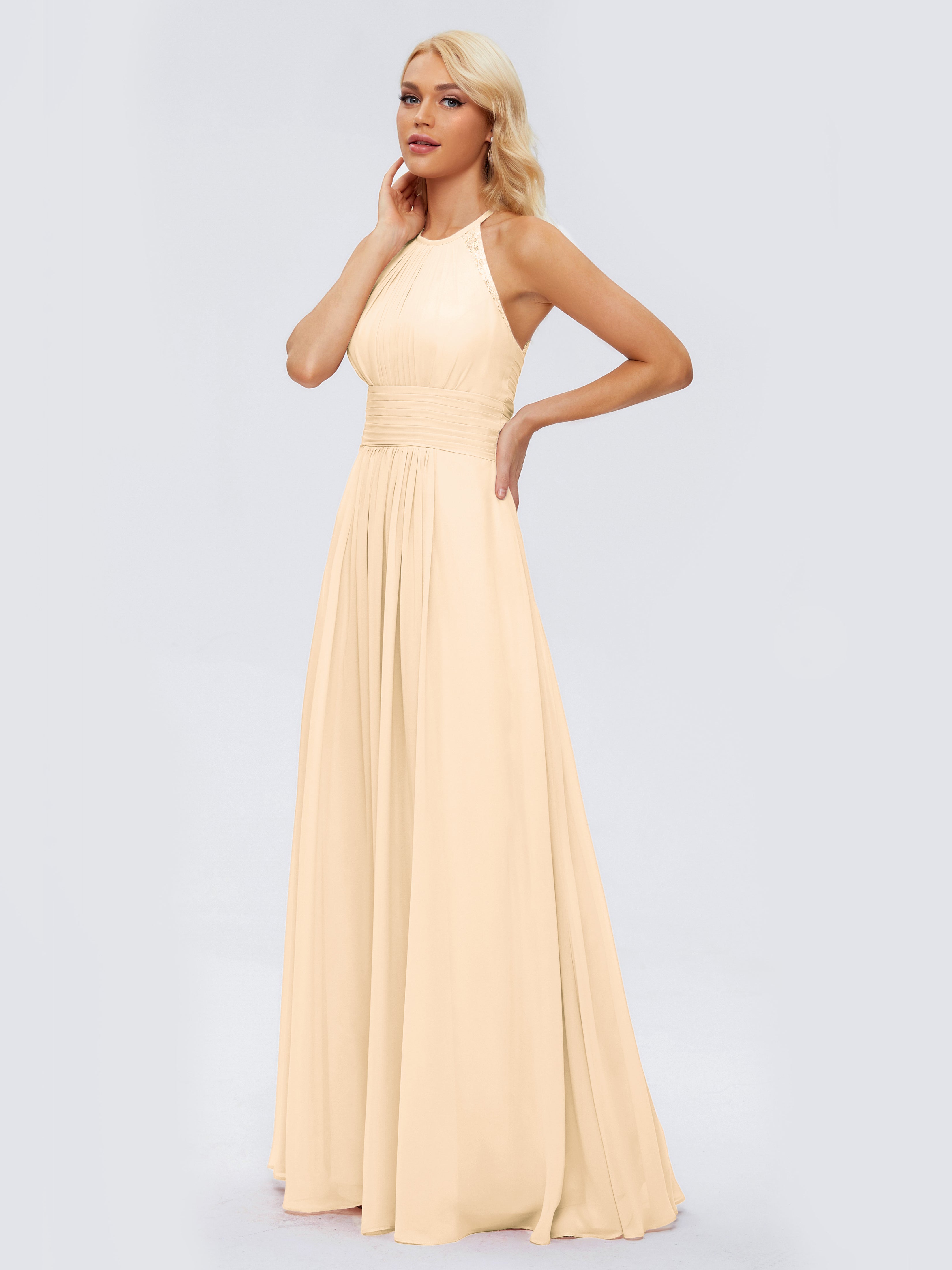 Robe Pêche Demoiselle D Honneur Trapèze Licou Dentelle Mousseline Robes Demoiselle D'Honneur