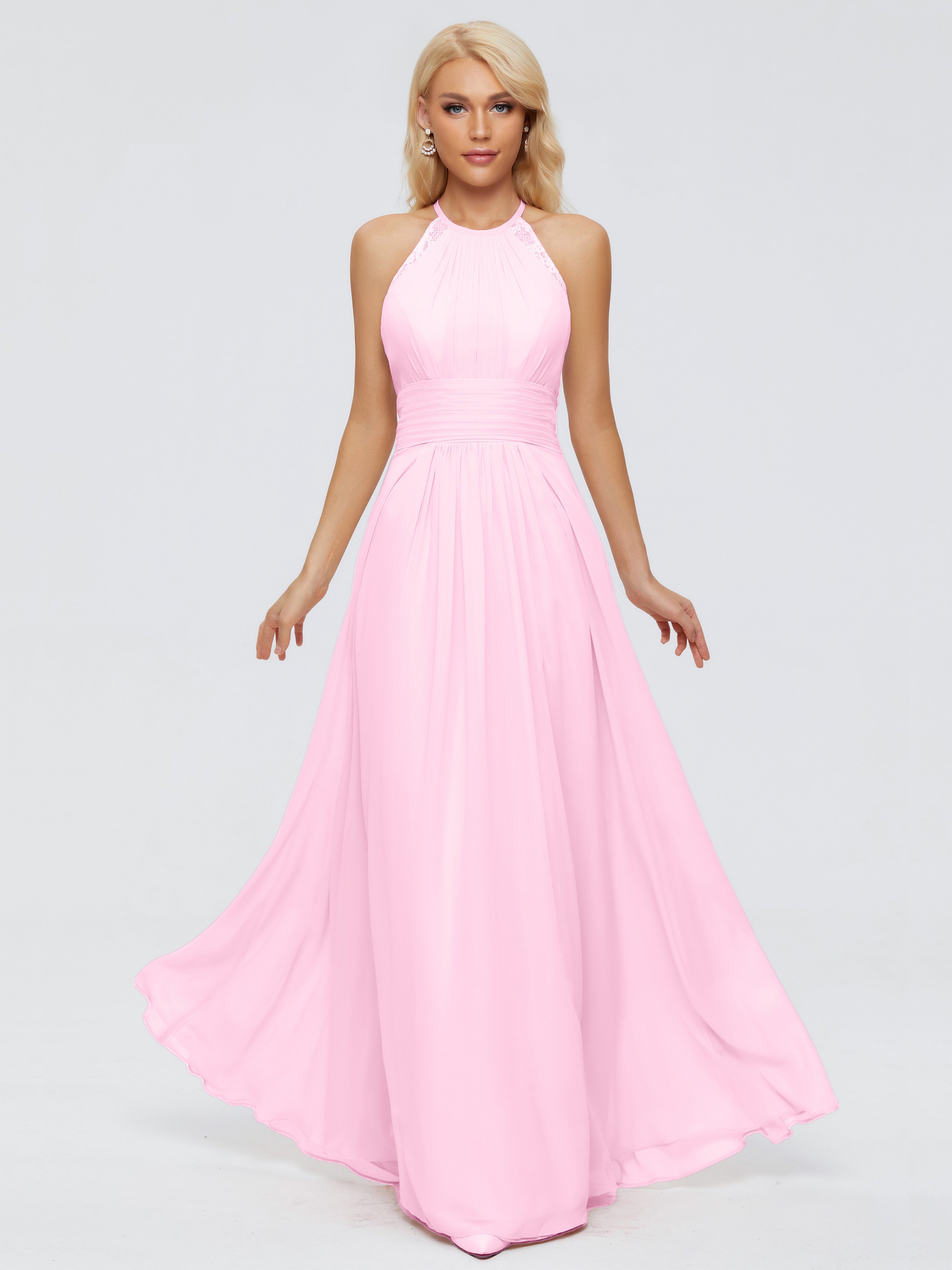 Robes De Demoiselle D'Honneur Rose Bonbon Trapèze Licou Dentelle Mousseline Robes Demoiselle D'Honneur